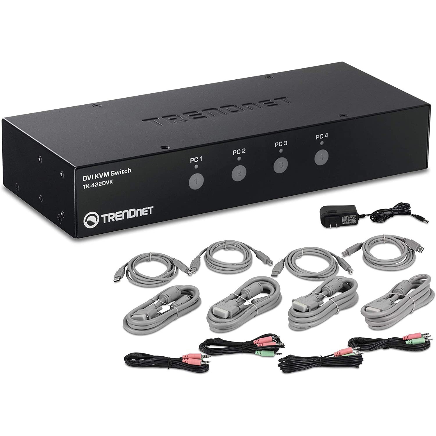 TRENDnet 4-Port DVI KVM Switch with Audio, Manage Four PC's, Hot-Keys, USB 2.0, USB Switch, Metal Housing, Use with a DVID-D Monitor, TK-422DVK