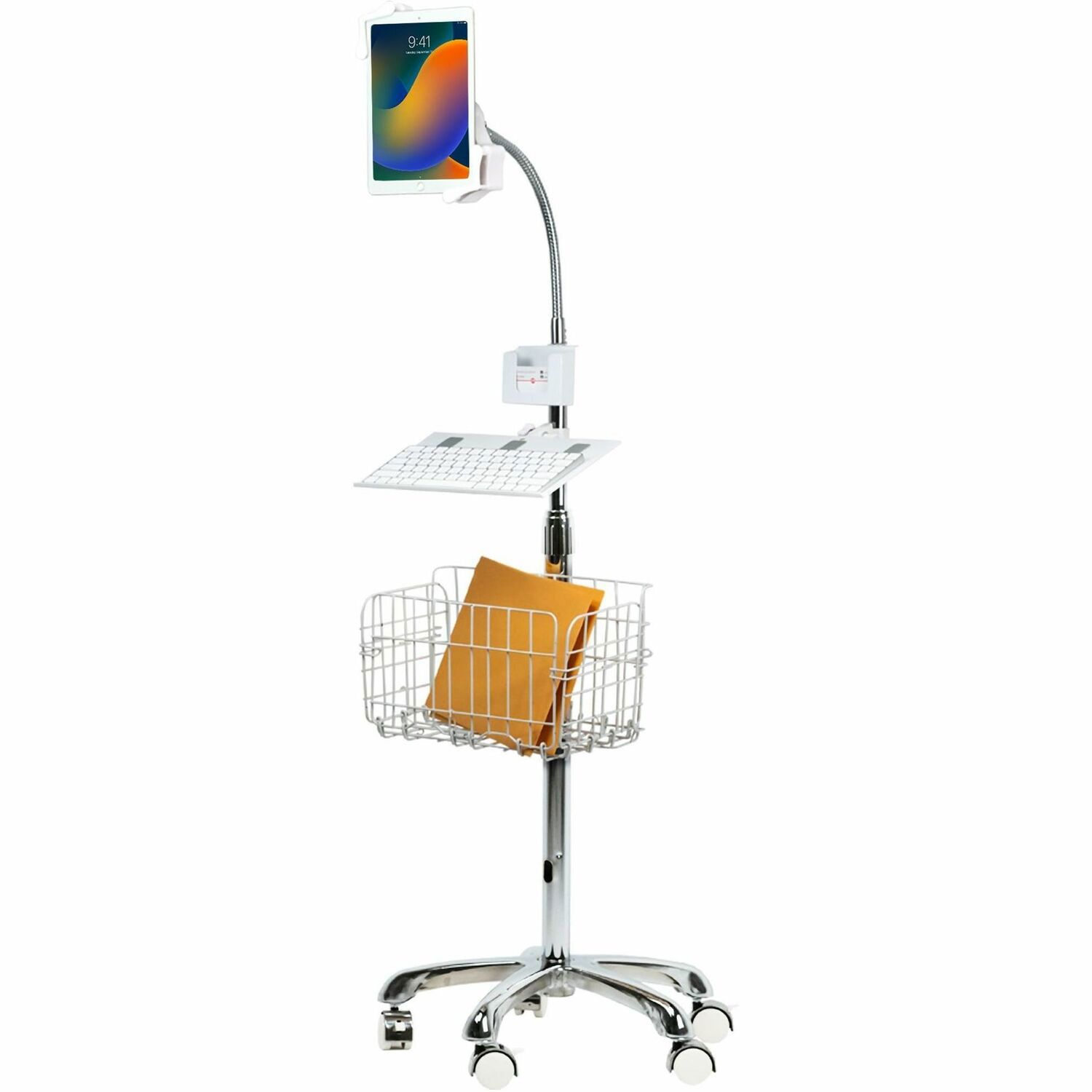 CTA Digital Heavy-Duty Gooseneck Floor Stand with VESA Plate and Storage Basket for 7-14 Inch Tablets