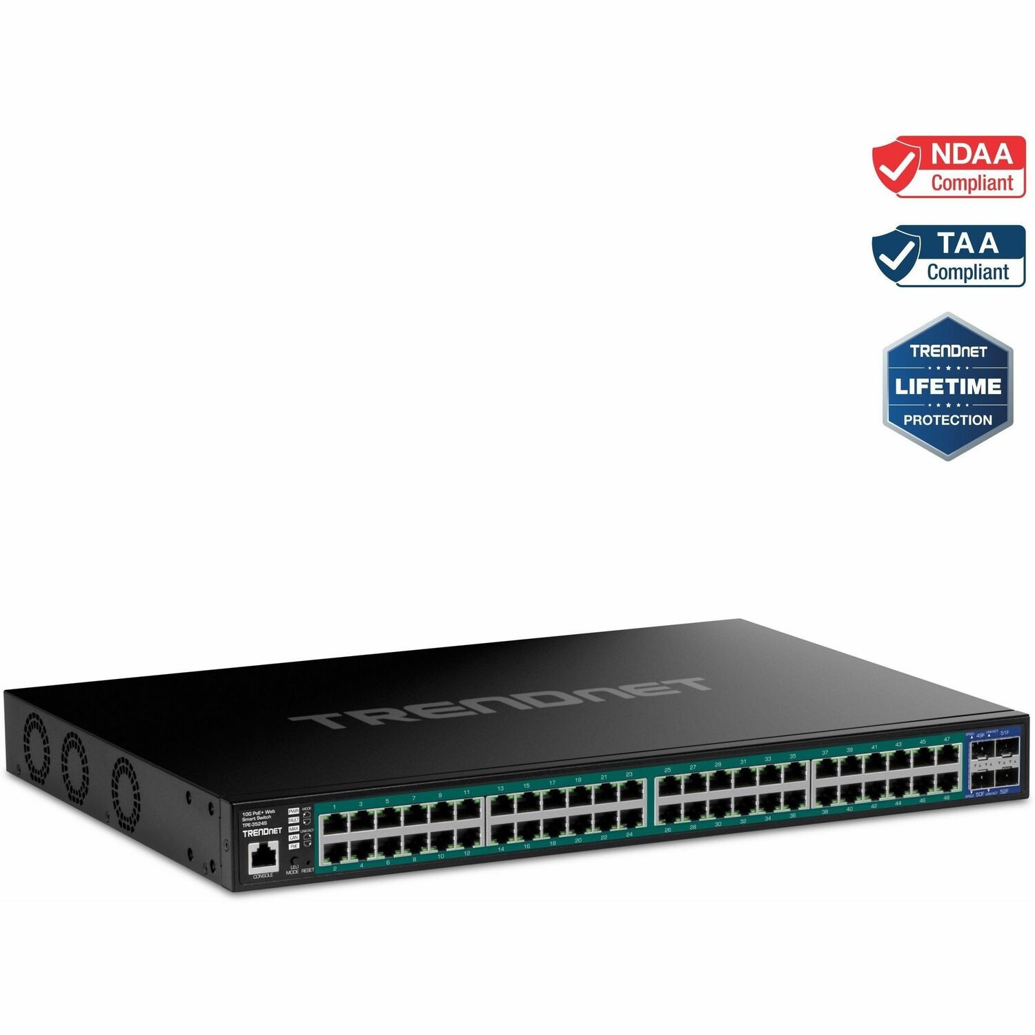 TRENDnet 52-Port Gigabit Web Smart PoE+ Switch with 10G SFP+ Ports, TPE-3524S, 410W PoE Power Budget, 176Gbps Switching Capacity, NDAA & TAA Compliant, Ethernet Splitter, Lifetime Protection, Black