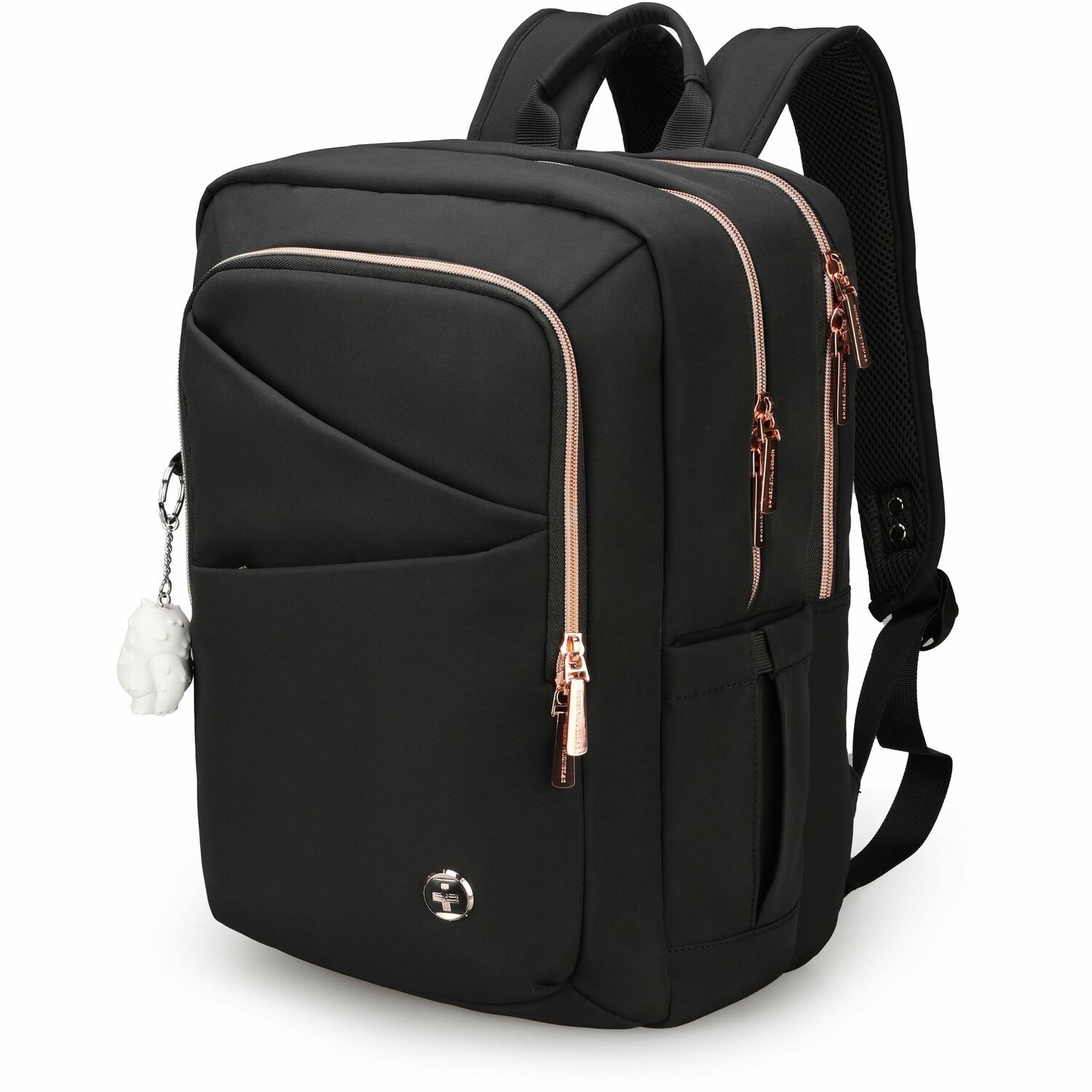 Swissdigital KATY ROSE NG Black L+ Smart Laptop Backpack - Sleek Tech Travel Bag with USB Charging Port, RFID Pocket, Eco-Friendly Fabric, Trolley Sleeve, Fits 16" Laptop & 12.9" Tablet, Power Bank Pocket, Mouse Pouch, Key Clip, Glasses Case Pocket, Water Bottle Holder, Multifunctional Pockets, and Ventilated Back Panel