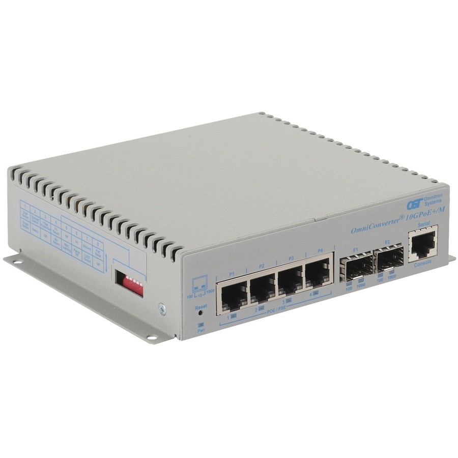 Omnitron Systems OmniConverter 10GPoE+/M PoE+, 2xSFP/SFP+, 4xRJ-45, 1xDC Powered Wide Temp