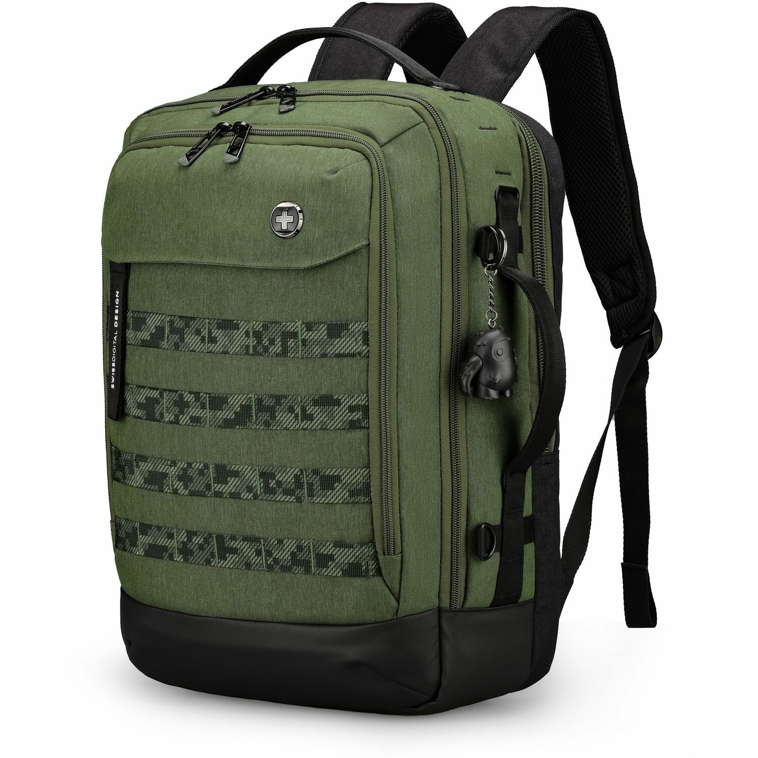 Swissdigital BERG Dark Green L Backpack - Durable, TSA-Friendly Bag with Patented USB Charging Port, RFID Protection Pocket, Trolley Sleeve for Easy Travel, Padded Laptop Compartment that Fits up to 16" Laptop, Tablet Compartment that Fits up to 9.75", Dedicated Pockets for Powerbank, Mouse, Water Bottle, Key Clip, Multifunctional Storage, and a Breathable Mesh Back Panel
