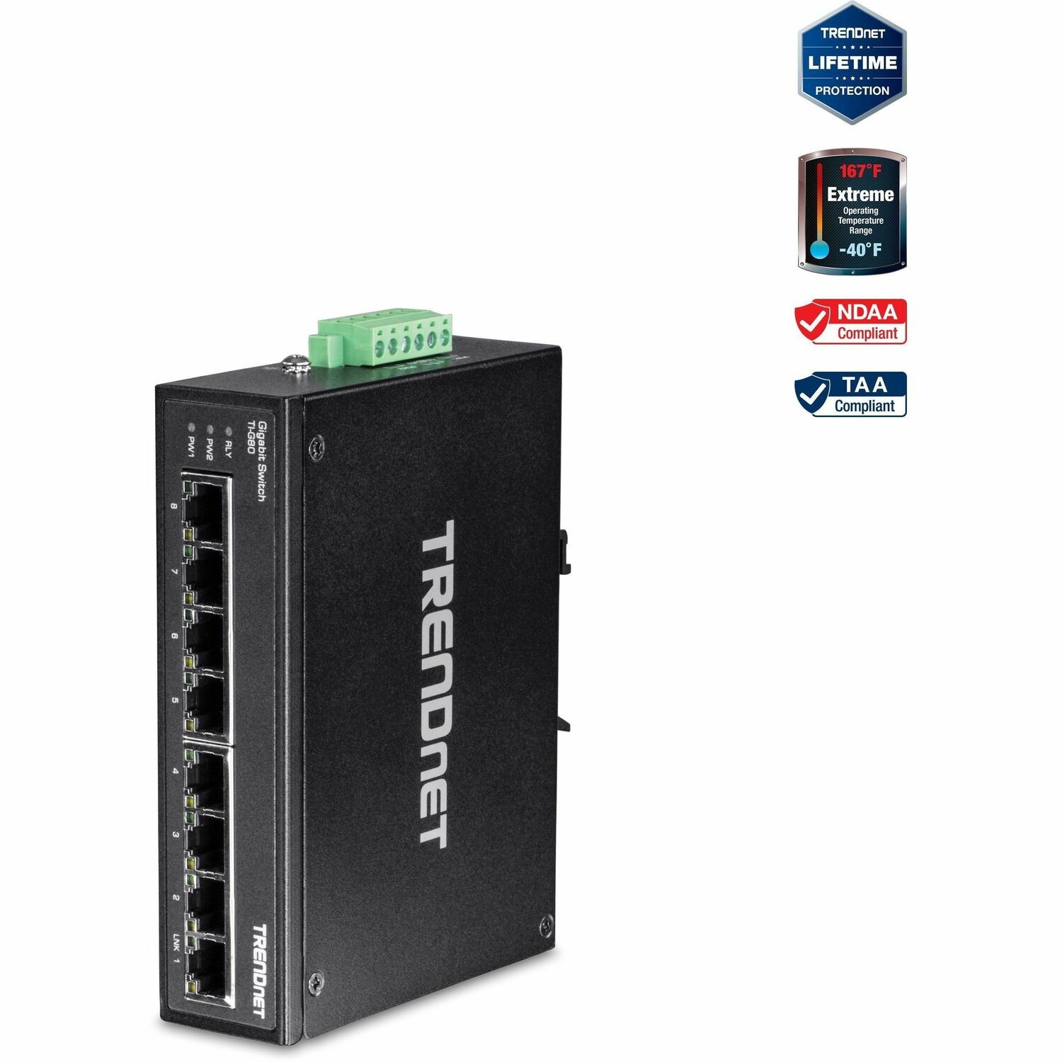 TRENDnet 8-Port Industrial Gigabit Ethernet DIN-Rail Switch, TI-G80, 8 x Gigabit Ethernet Ports, IP50 Rated, 16Gbps Switching Capacity, NDAA TAA Compliant, Lifetime Protection