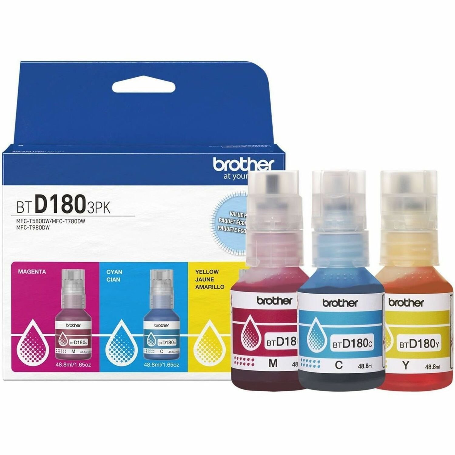 Brother Genuine BTD1803PK 3-Pack High Yield Cyan, Magenta, and Yellow Ink Bottles