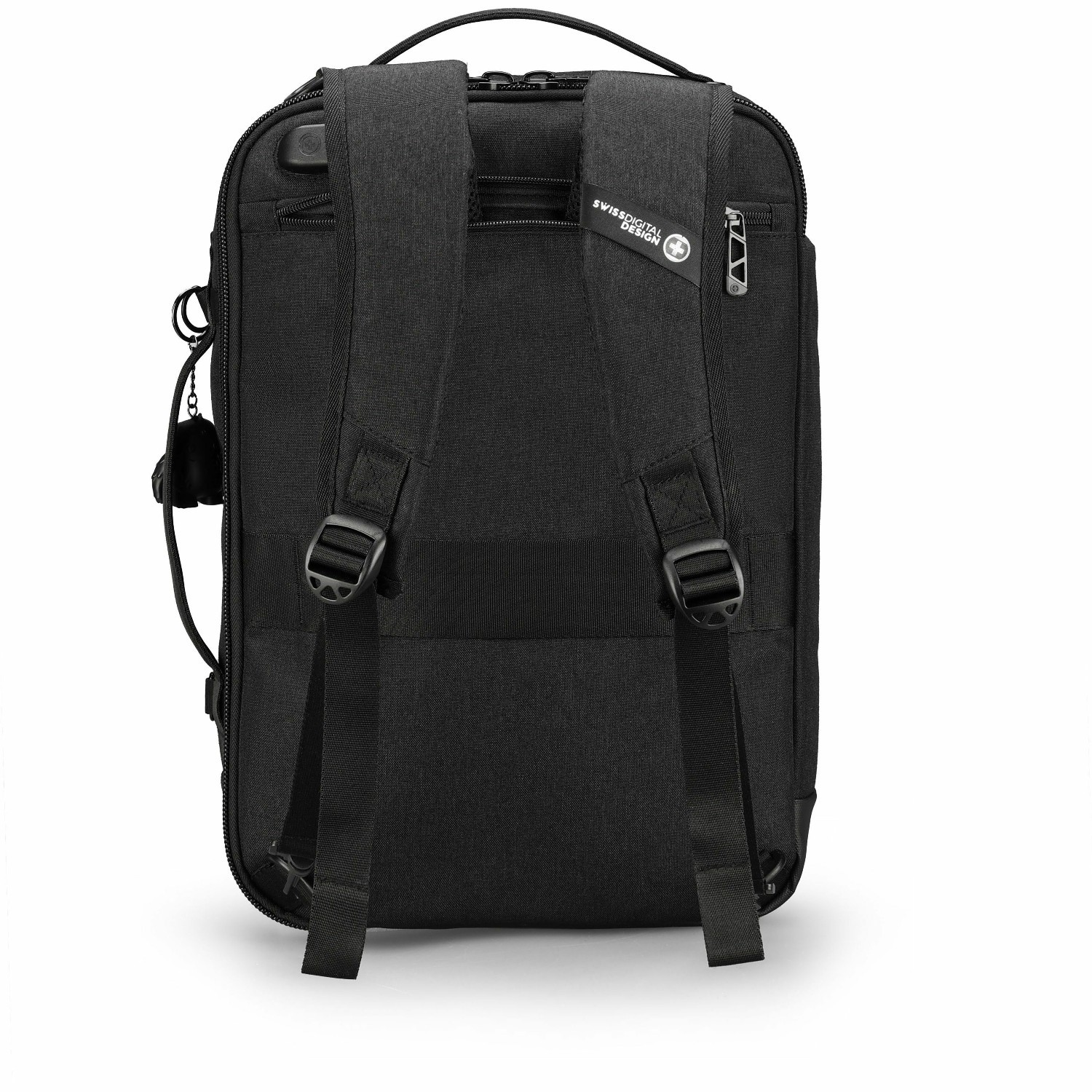 Swissdigital BERG Black Hybrid Briefcase USB Charging Port with Integrated Cable, RFID Protection Pocket, Trolley Sleeve for Hands-Free Travel, Padded Laptop Compartment Fits up to 16", Padded Tablet Pocket Fits up to 9.75", Dedicated Powerbank Pocket, Mouse Pouch, Key Clip, Multifunctional Organizer Pockets | 3-Way Carry (Hand, Single Shoulder, or Backpack Style)
