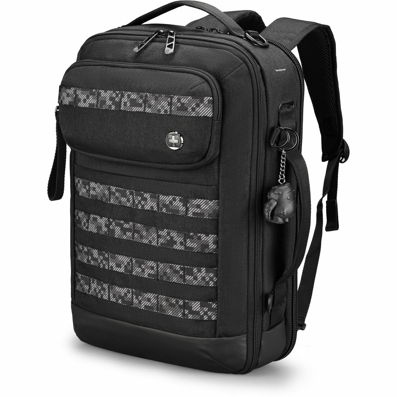 Swissdigital BERG Black Hybrid Briefcase USB Charging Port with Integrated Cable, RFID Protection Pocket, Trolley Sleeve for Hands-Free Travel, Padded Laptop Compartment Fits up to 16", Padded Tablet Pocket Fits up to 9.75", Dedicated Powerbank Pocket, Mouse Pouch, Key Clip, Multifunctional Organizer Pockets | 3-Way Carry (Hand, Single Shoulder, or Backpack Style)