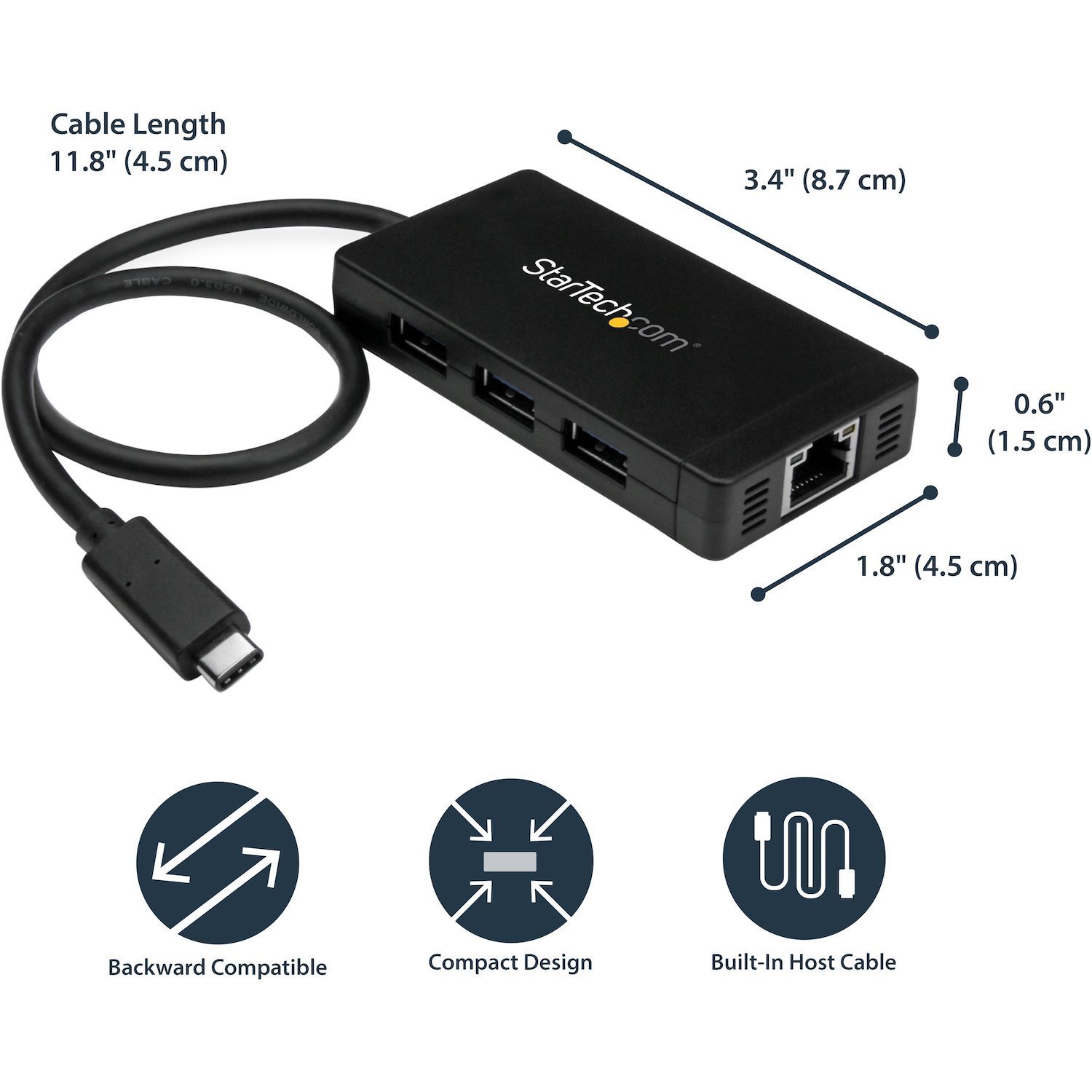 StarTech.com USB/Ethernet Combo Hub - USB Type C - External - Black - TAA Compliant