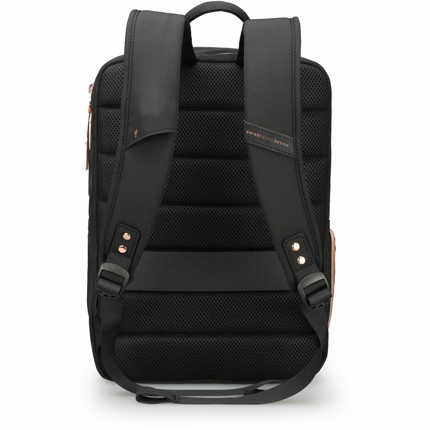 Swissdigital KATY ROSE NG Black L+ Smart Laptop Backpack - Sleek Tech Travel Bag with USB Charging Port, RFID Pocket, Eco-Friendly Fabric, Trolley Sleeve, Fits 16" Laptop & 12.9" Tablet, Power Bank Pocket, Mouse Pouch, Key Clip, Glasses Case Pocket, Water Bottle Holder, Multifunctional Pockets, and Ventilated Back Panel