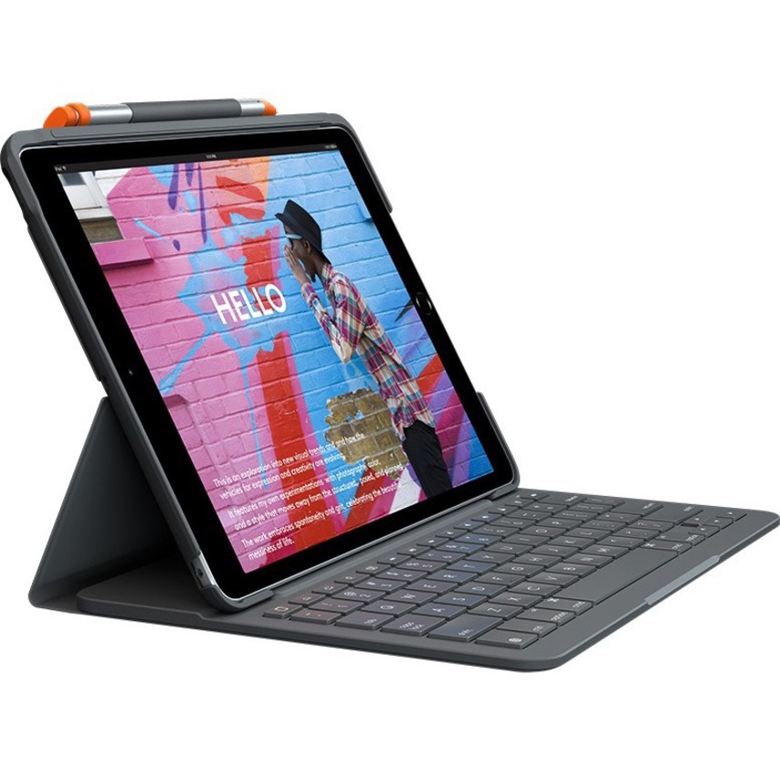 Logitech Slim Folio Keyboard/Cover Case (Folio) Apple, Logitech iPad (7th Generation) Tablet, Apple Pencil, Stylus - Graphite