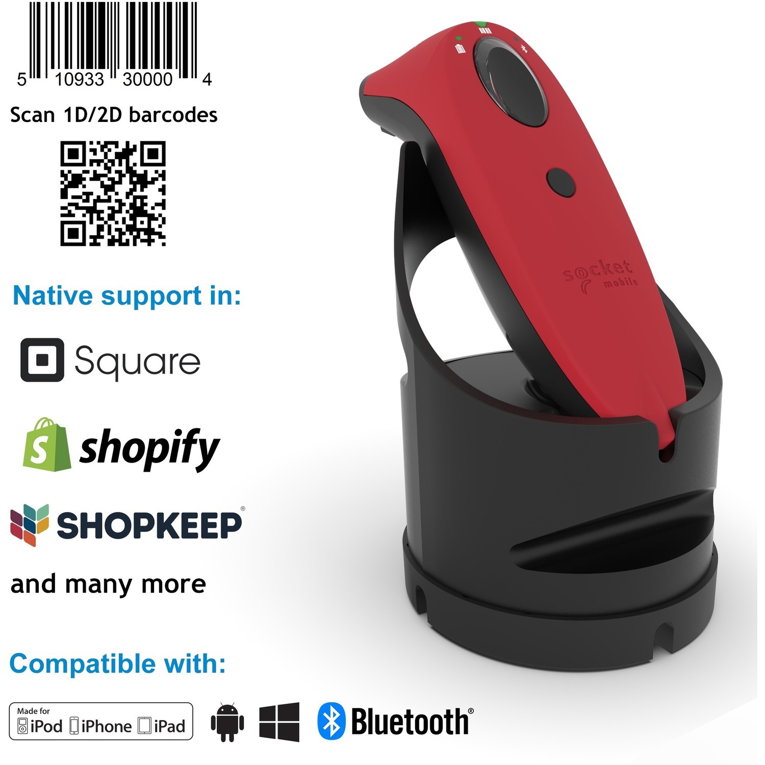 Socket Mobile SocketScan&reg; S740, Universal Barcode Scanner, Red & Black Dock