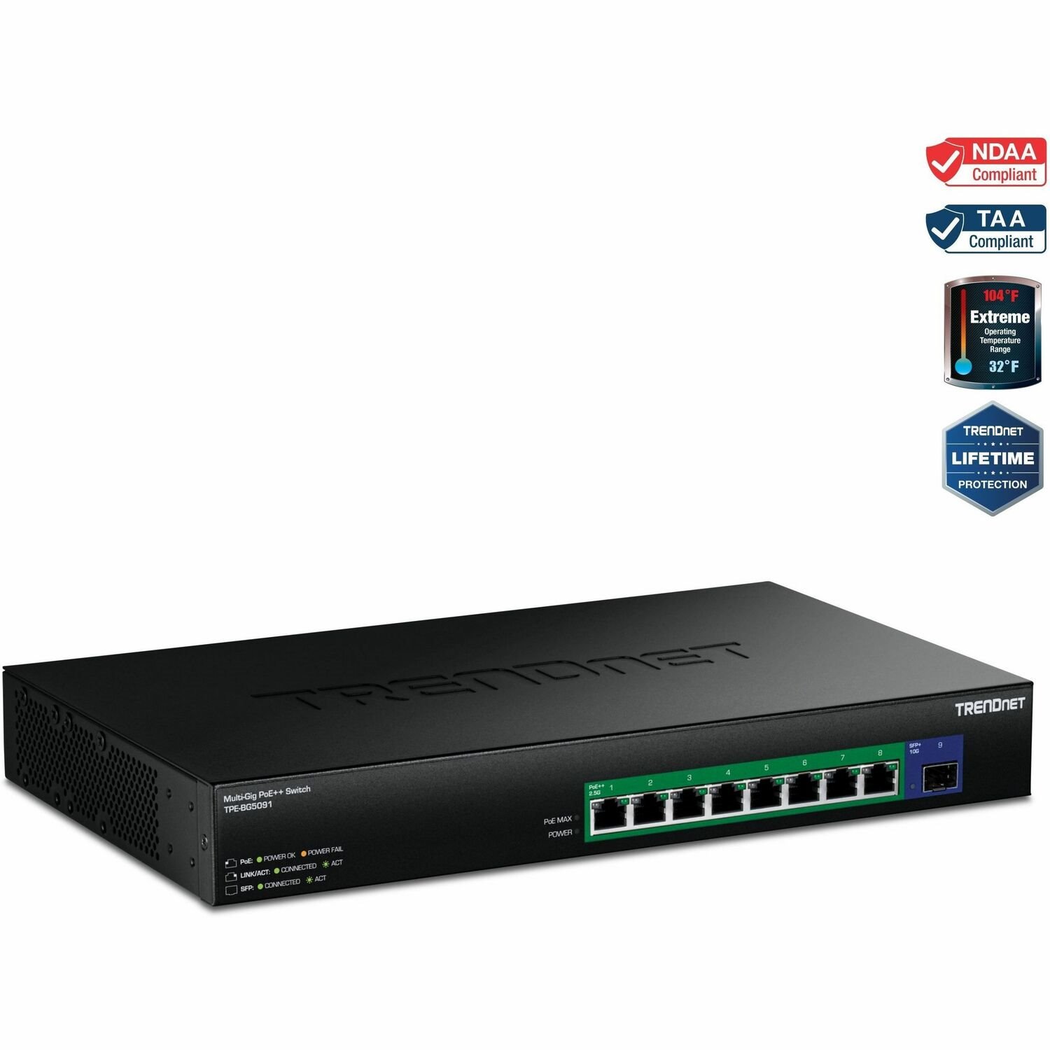 TRENDnet 9-Port 2.5G GaN Power PoE++ Switch with 10G SFP+ Port (480W), TPE-BG5091, 8 x 2.5G PoE++ Ports, 1 x 10G SFP+ Port, 480W, 60Gbps, NDAA TAA Compliant for Government use, Lifetime Protection