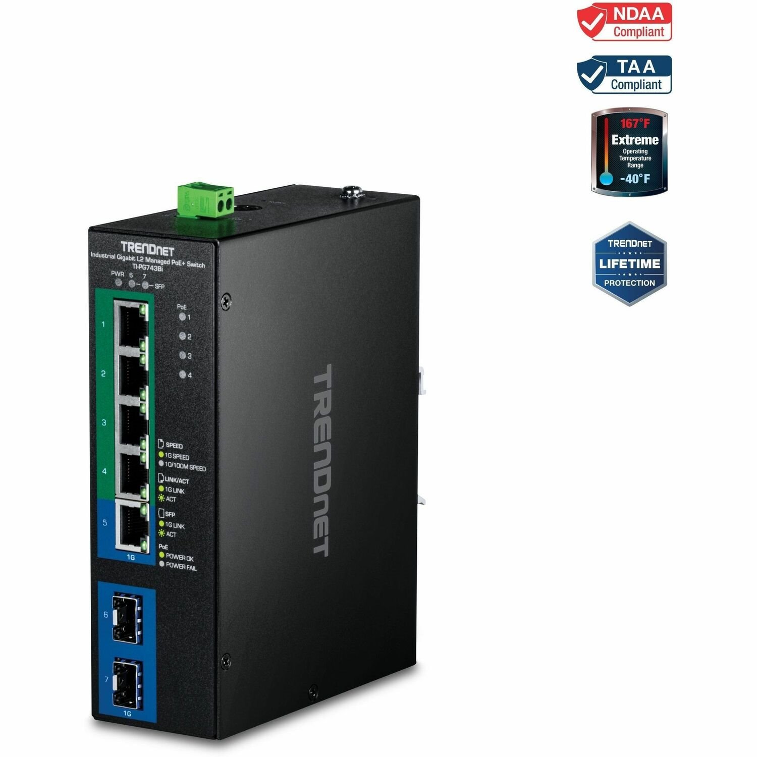 TRENDnet 7-Port Industrial Gigabit L2 Managed PoE+ DINRail Switch 24 - 57V, TI-PG743Bi, Ethernet Splitter, 120W@48V DC or 120W@24V DC, 14Gbps, NDAA & TAA Compliant, IP40 Rated