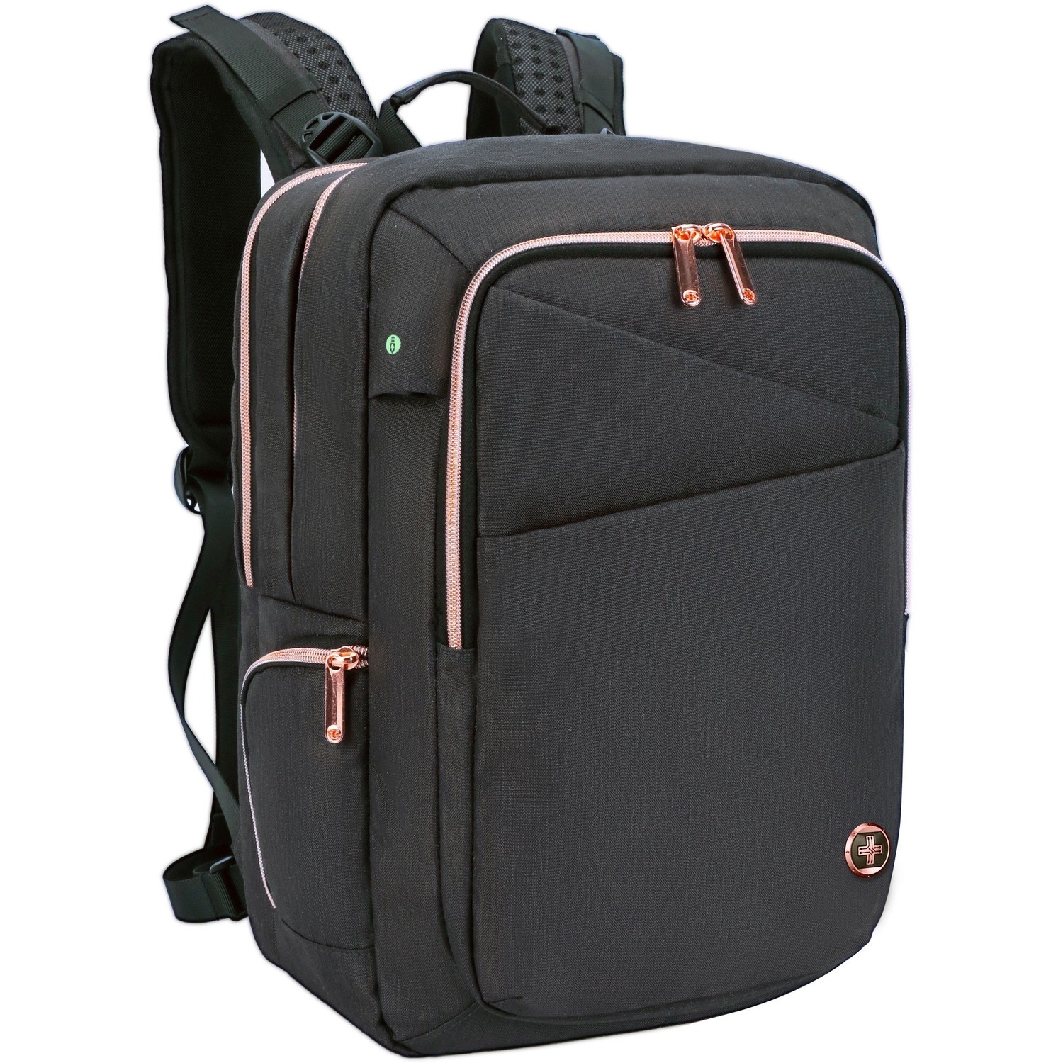 Swissdigital KATY ROSE Black Massage Backpack - Stylish Travel & Work Bag with Patented Massage System, Smart USB Charging Port, RFID Protection, Trolley Sleeve, Padded Laptop Compartment, Fits 16" Laptop, Tablet Pocket, Water Bottle Holder, Sunglasses Holder, Multi-Function Organizer Pockets, Key Clip, Ergonomic Straps, Breathable Air-Mesh Back Panel, and Durable Materials