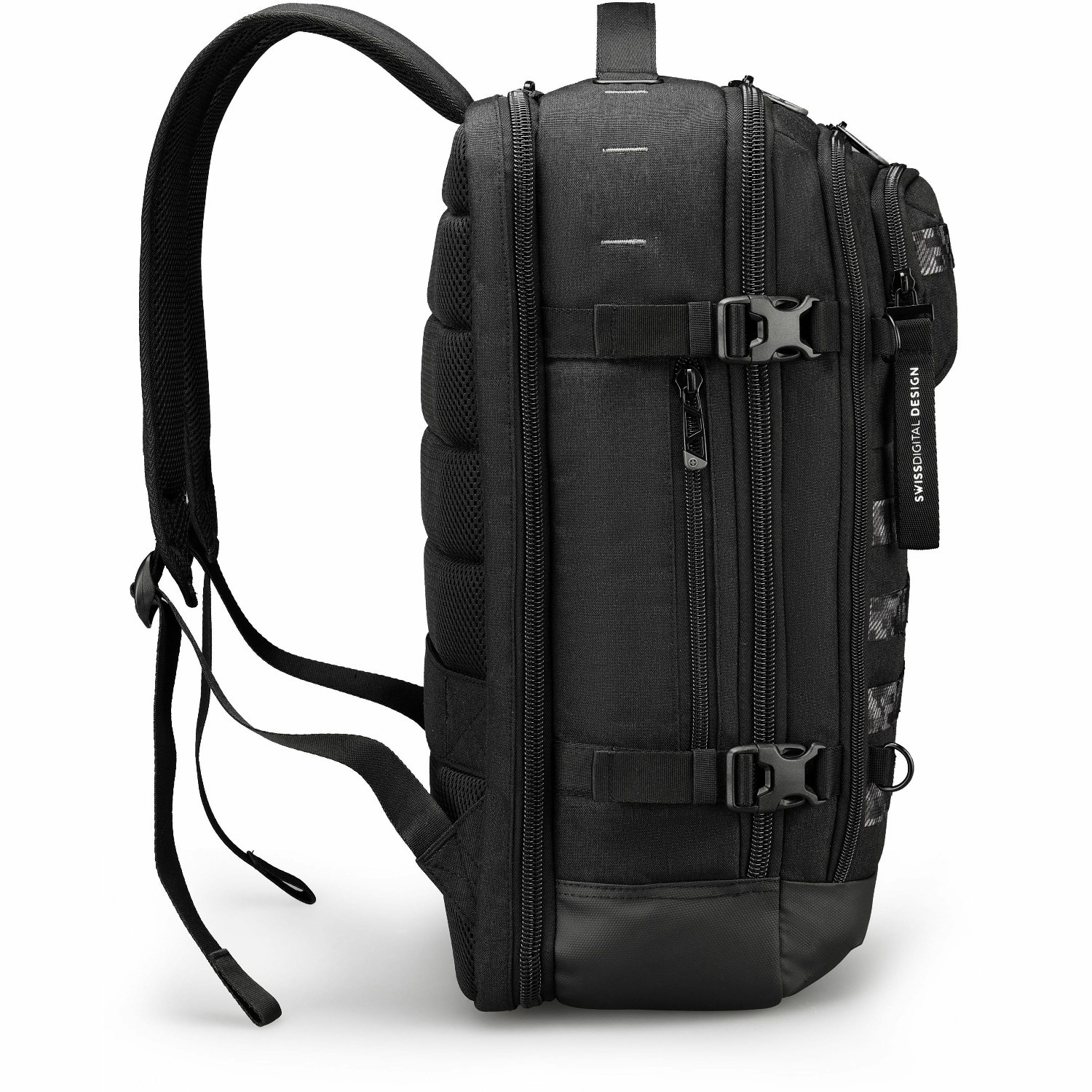 Swissdigital BERG PRO Black XL Backpack - TSA-Friendly Backpack with USB Charging Port, RFID Protection Pocket, Trolley Sleeve for Easy Travel, Padded Laptop Compartment that Fits up to 17" Laptop, Tablet Compartment that Fits up to 12.9", Dedicated Pockets for Powerbank, Mouse, Water Bottle, Key Clip, Multifunctional Storage, Breathable Mesh Back Panel for All-Day Comfort & Ventilation, and Removable Camera Bag Insert for Photography Gear