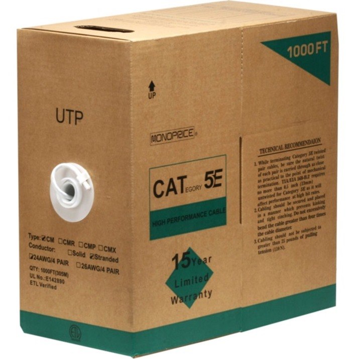 Monoprice Cat5e Utp 24Awg 350MHz CM Copper Bulk Cable, White, 1000FT