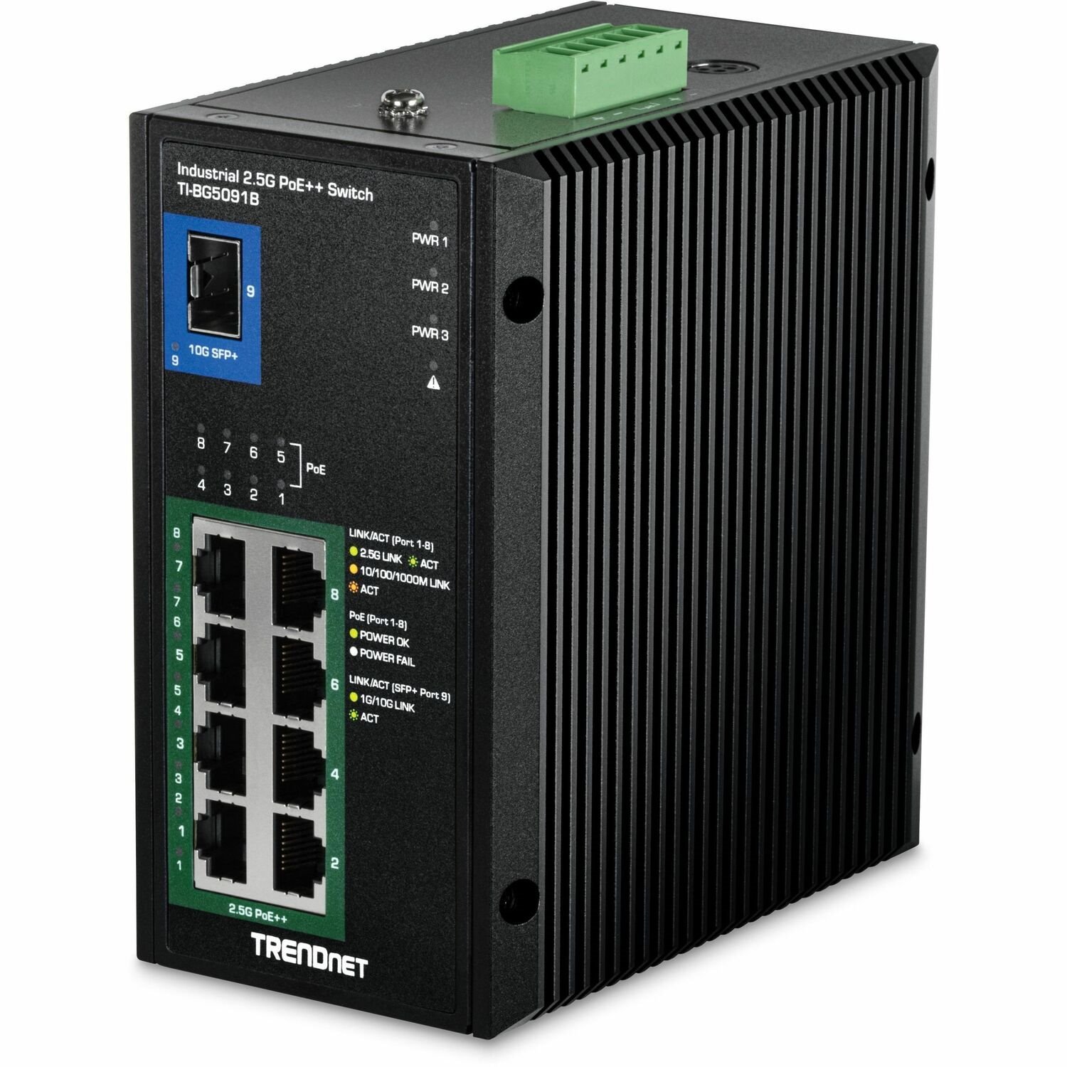 TRENDnet 9-Port Industrial 2.5G DIN-Rail PoE++ Switch with 10G SFP+ Port (24 - 57V)