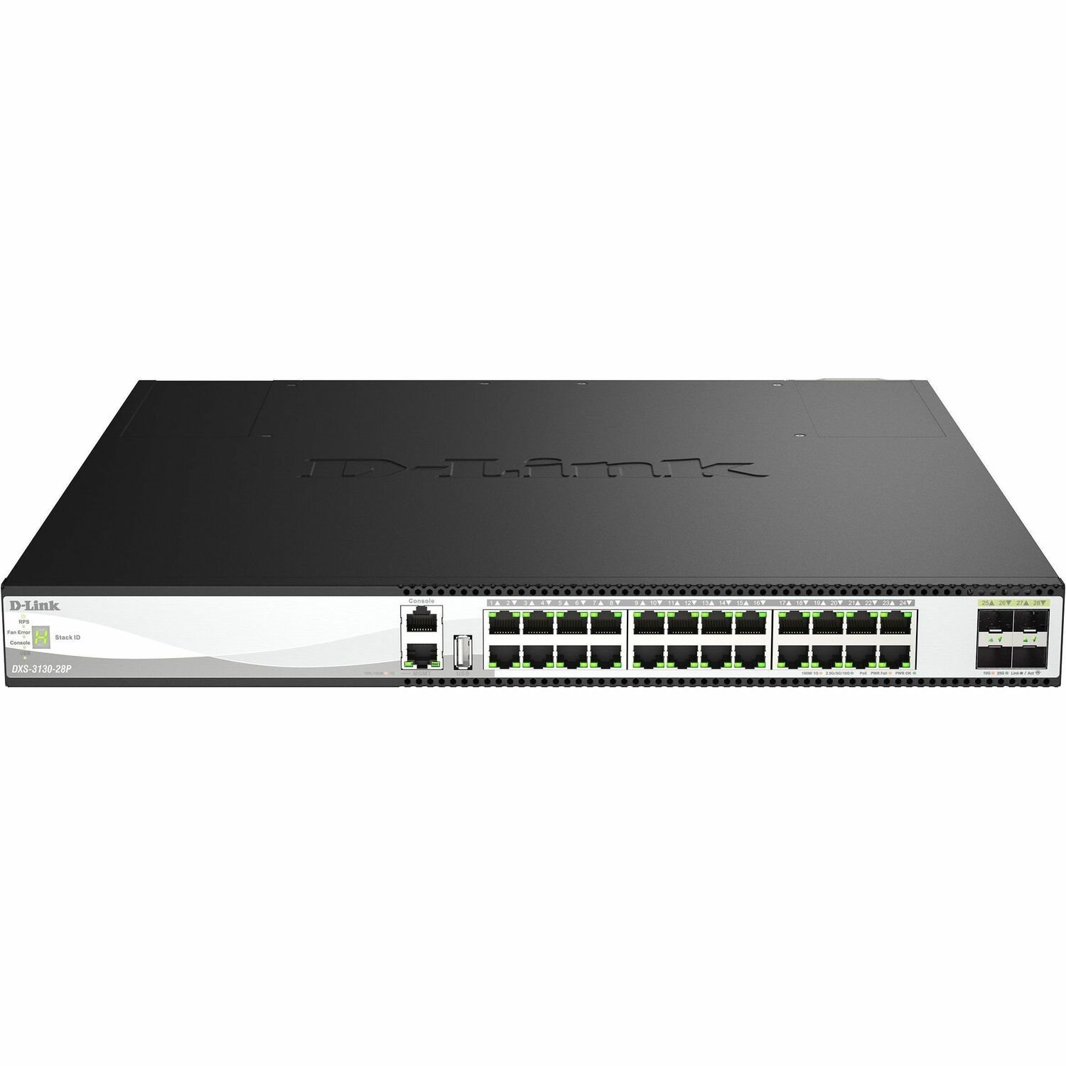 D-Link DXS-3130 DXS-3130-28P 24 Ports Manageable Ethernet Switch - Gigabit Ethernet, 2.5 Gigabit Ethernet, 5 Gigabit Ethernet, 10 Gigabit Ethernet, 25 Gigabit Ethernet - 10/100/1000Base-T, 2.5GBase-T, 5GBase-T, 10GBase-T, 10GBase-X, 25GBase-X - Black - Grey