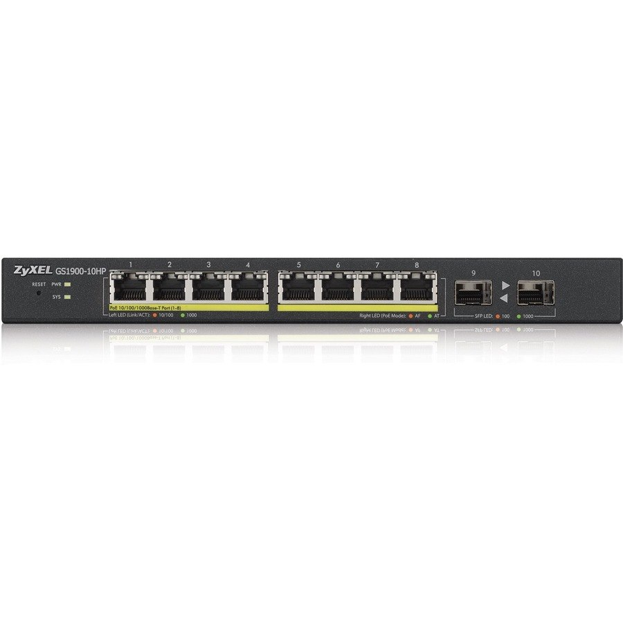 ZYXEL GS1900-10HP 8-Port Gigabit Smart Managed PoE Switch | 8 PoE+ Ports at 77W with 2 SFP Uplinks | Fanless