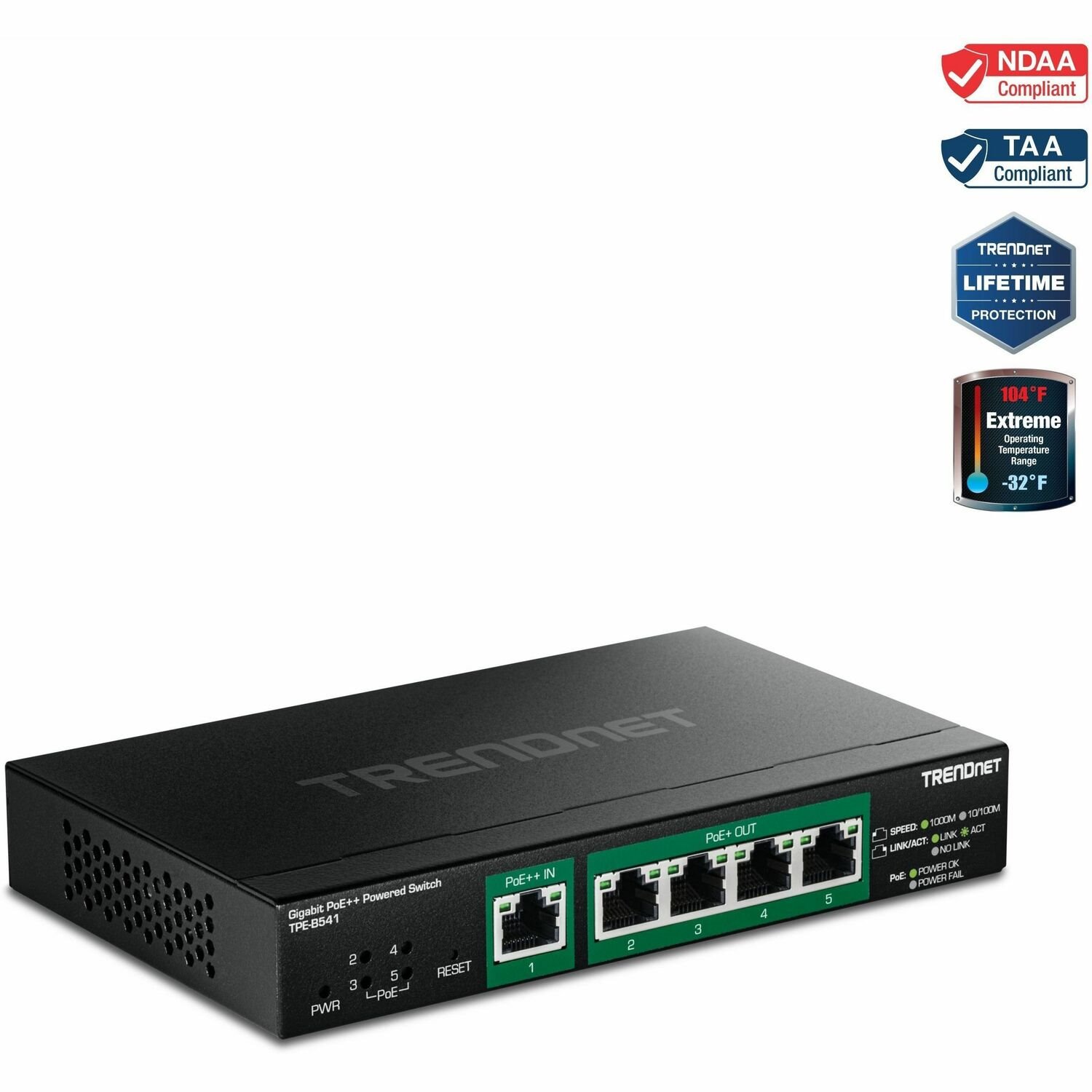 TRENDnet 5-Port Gigabit PoE++ Powered Managed Switch with PoE Passthrough, TPE-B541, 1 x Gigabit PoE++ Input, 4 x Gigabit PoE+ Output, 60W PoE Budget, NDAA TAA Compliant, Lifetime Protection