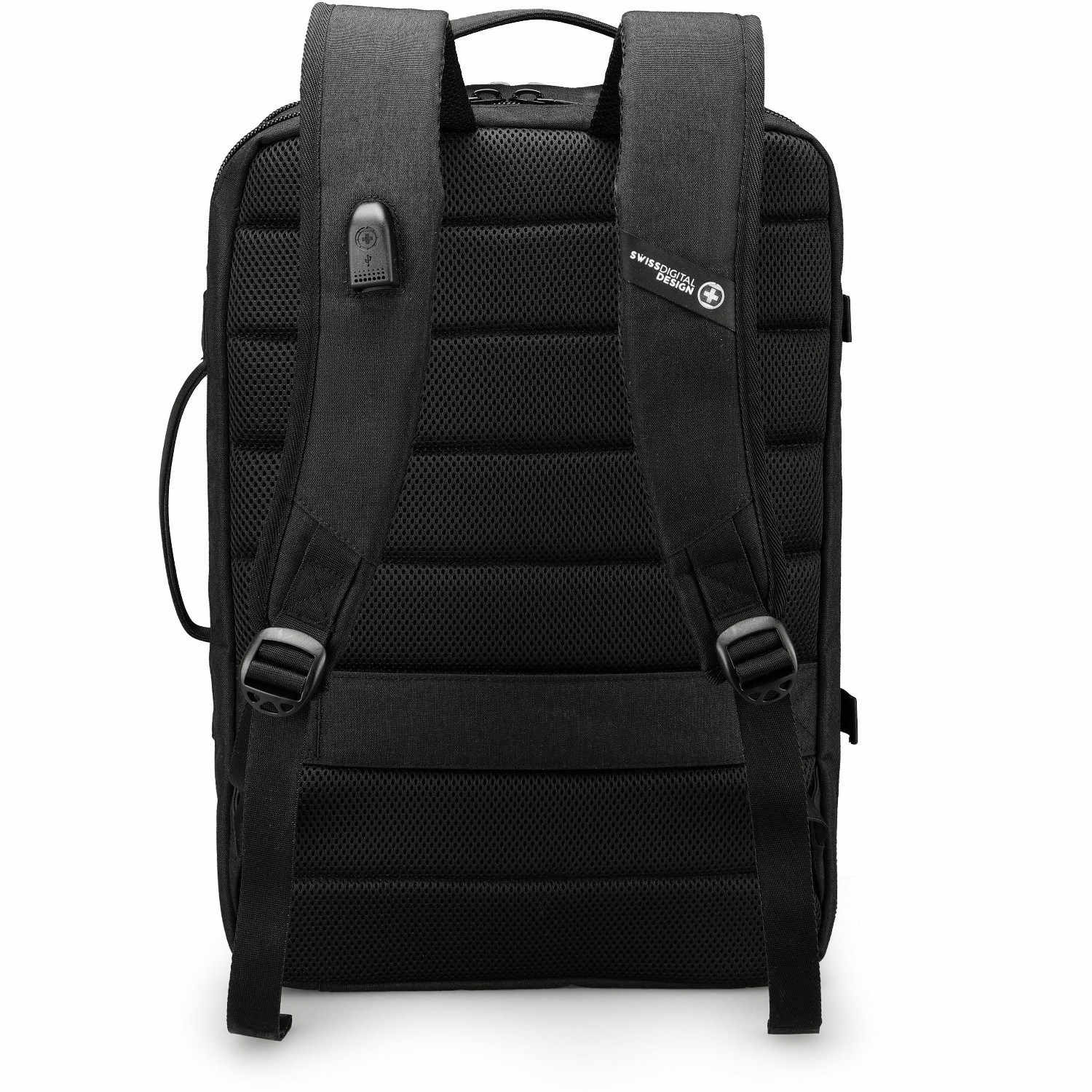 Swissdigital BERG PRO Black XL Backpack - TSA-Friendly Backpack with USB Charging Port, RFID Protection Pocket, Trolley Sleeve for Easy Travel, Padded Laptop Compartment that Fits up to 17" Laptop, Tablet Compartment that Fits up to 12.9", Dedicated Pockets for Powerbank, Mouse, Water Bottle, Key Clip, Multifunctional Storage, Breathable Mesh Back Panel for All-Day Comfort & Ventilation, and Removable Camera Bag Insert for Photography Gear