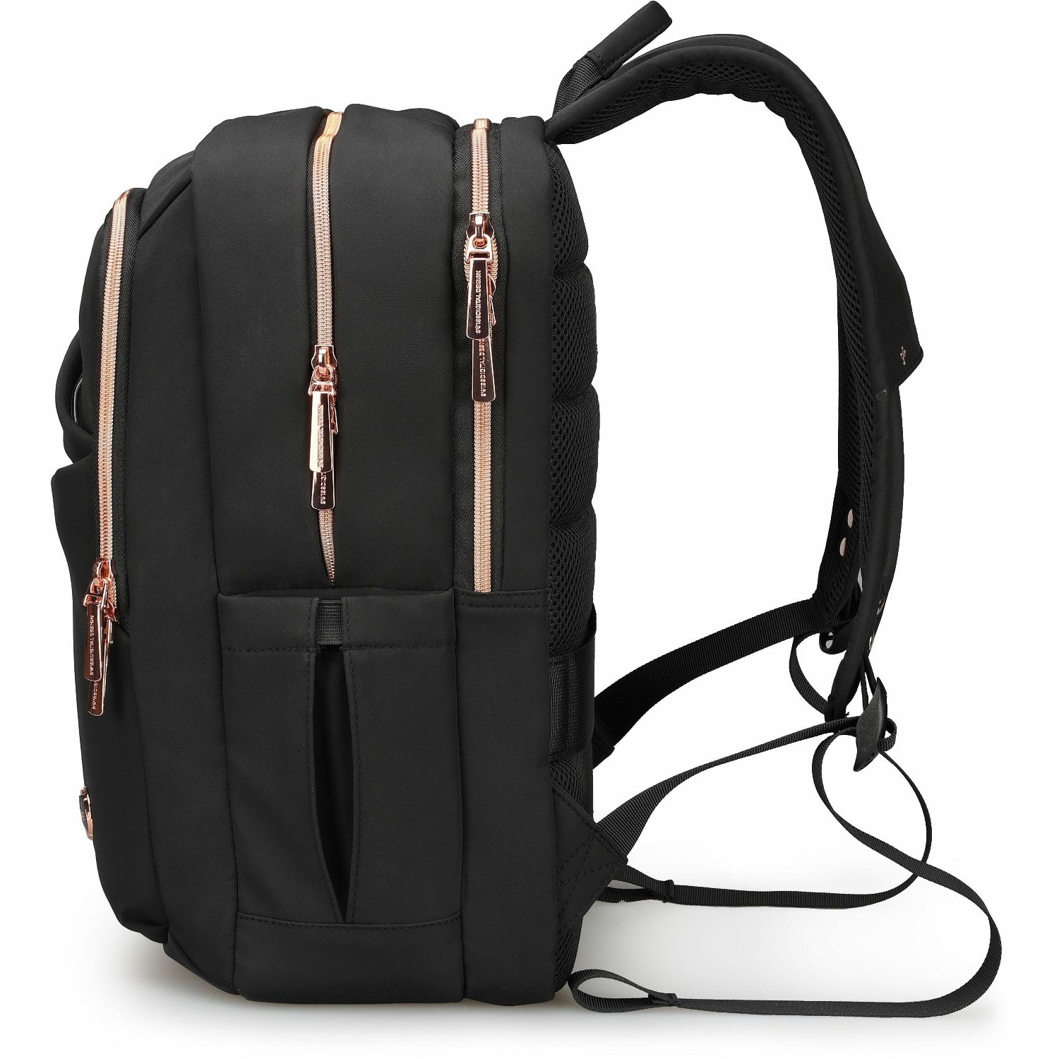 Swissdigital KATY ROSE NG Black L+ Smart Laptop Backpack - Sleek Tech Travel Bag with USB Charging Port, RFID Pocket, Eco-Friendly Fabric, Trolley Sleeve, Fits 16" Laptop & 12.9" Tablet, Power Bank Pocket, Mouse Pouch, Key Clip, Glasses Case Pocket, Water Bottle Holder, Multifunctional Pockets, and Ventilated Back Panel