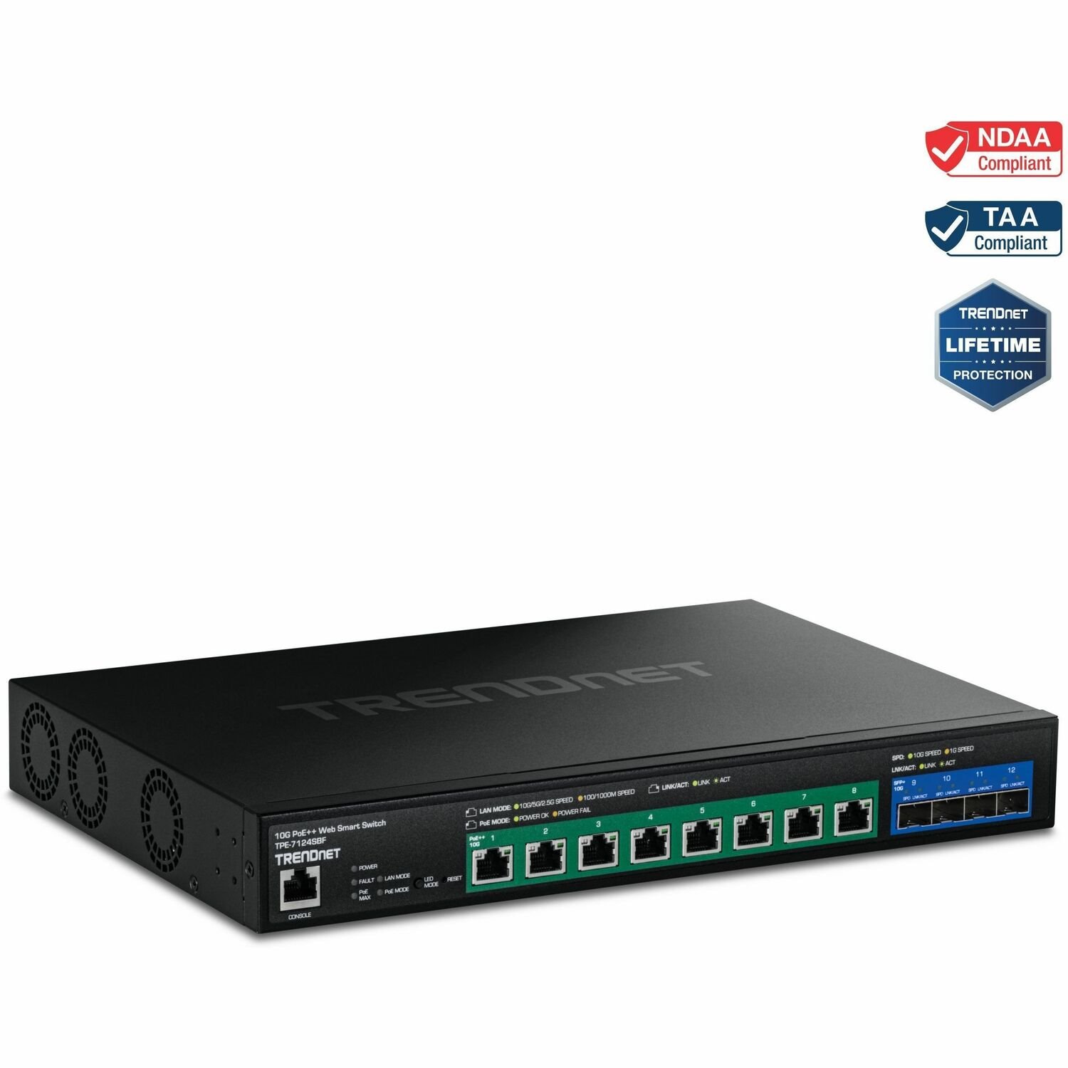 TRENDnet 12-Port 10G PoE++ Web Smart Switch, TPE-7124SBF, 720W PoE Power Budget, 8 x 10G PoE++ Ports, 4 x 10G SFP+ Ports, NDAA TAA Compliant, 1U 19" Rack Mountable, Lifetime Protection