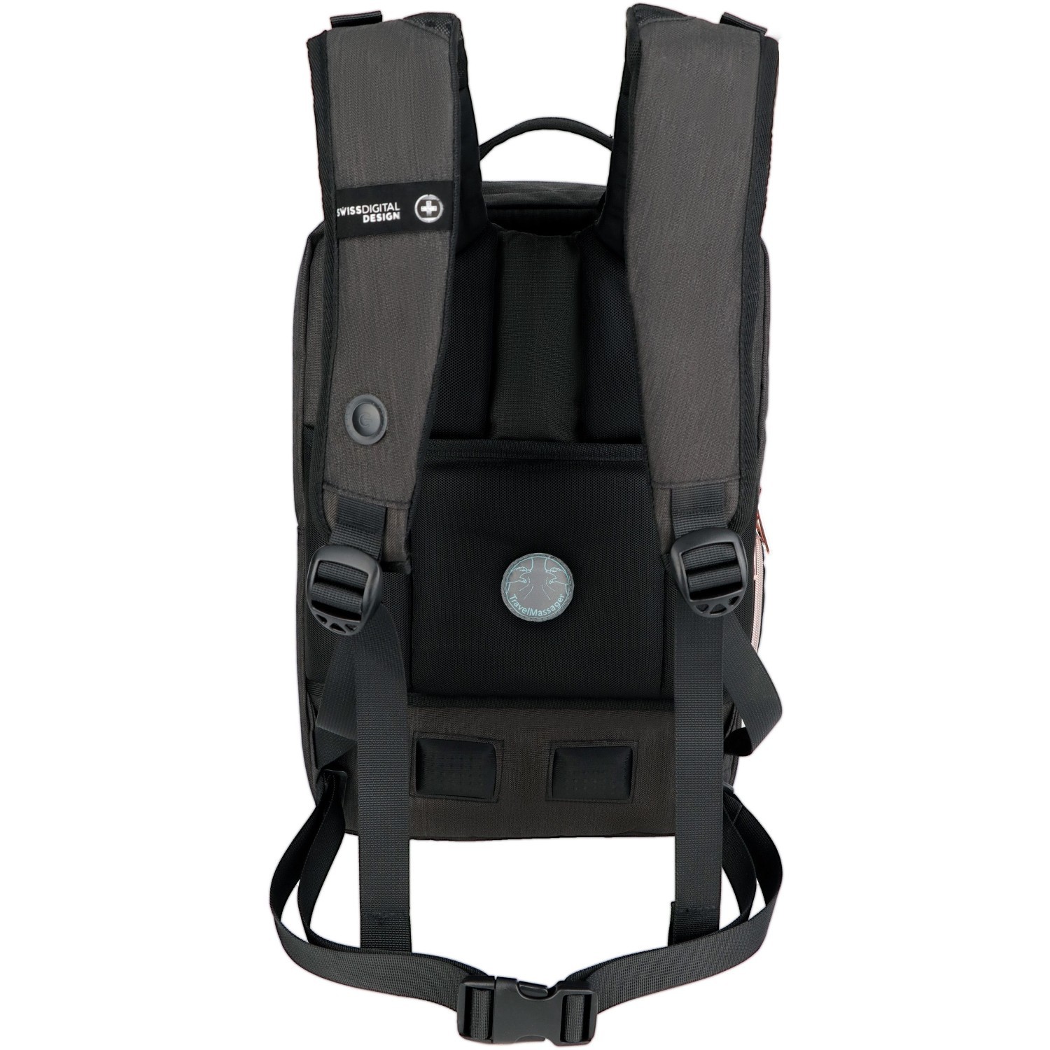 Swissdigital KATY ROSE Black Massage Backpack - Stylish Travel & Work Bag with Patented Massage System, Smart USB Charging Port, RFID Protection, Trolley Sleeve, Padded Laptop Compartment, Fits 16" Laptop, Tablet Pocket, Water Bottle Holder, Sunglasses Holder, Multi-Function Organizer Pockets, Key Clip, Ergonomic Straps, Breathable Air-Mesh Back Panel, and Durable Materials