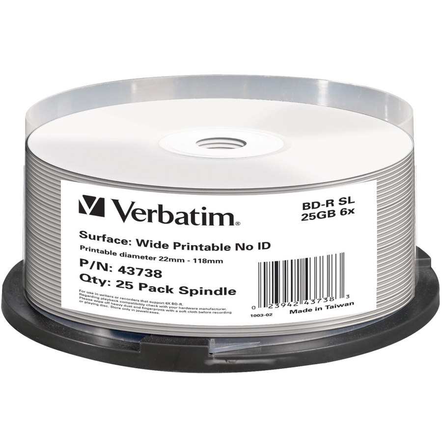 Verbatim 43738 Blu-ray Recordable Media - BD-R - 6x - 25 GB - 25 - White