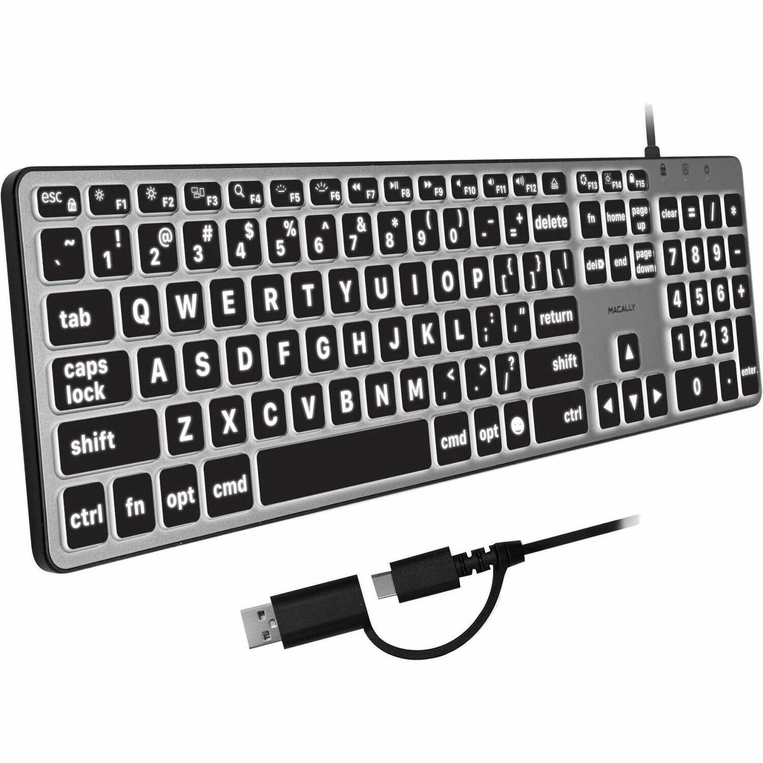 Macally Backlit Large Print Keyboard For Mac with Dual USB A / C