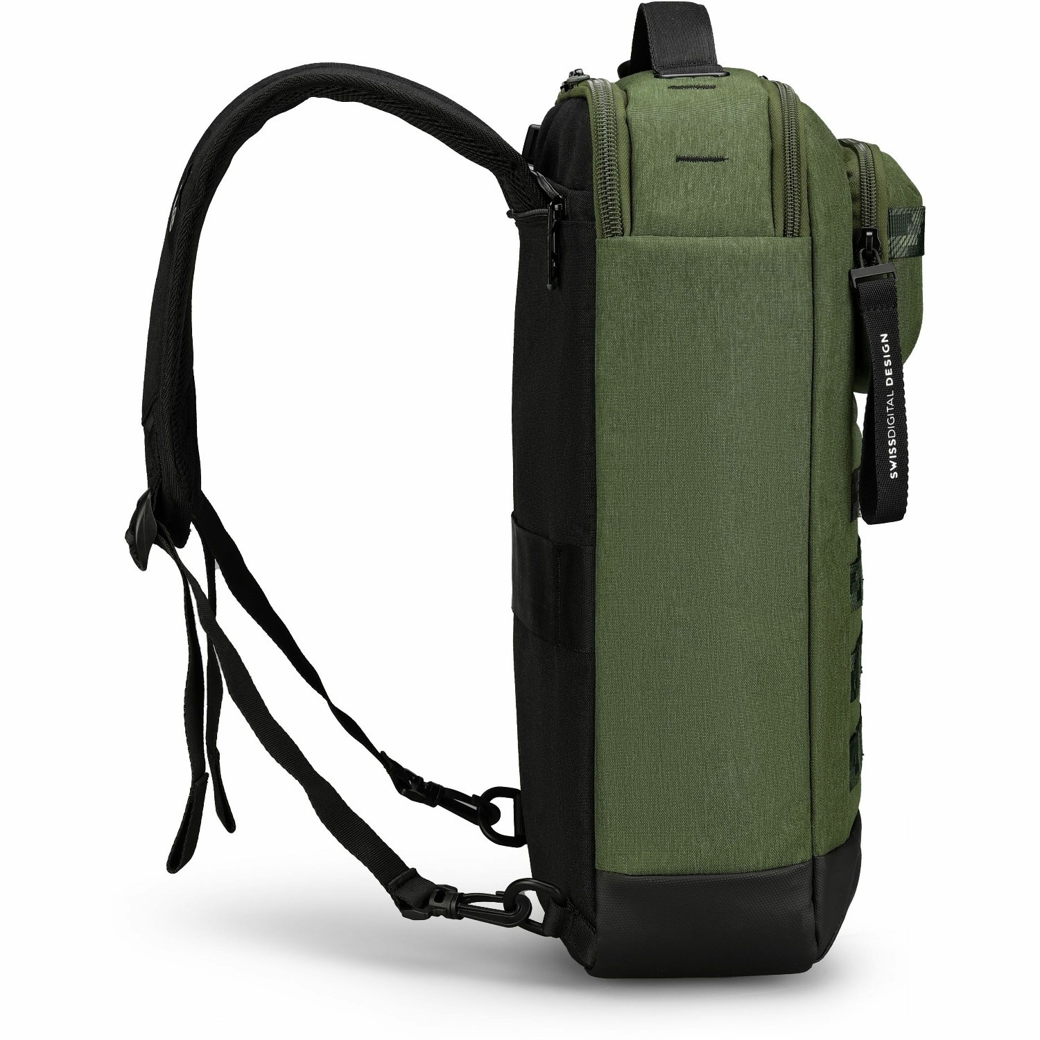 Swissdigital BERG Dark Green Hybrid Briefcase USB Charging Port with Integrated Cable, RFID Protection Pocket, Trolley Sleeve for Hands-Free Travel, Padded Laptop Compartment Fits up to 16", Padded Tablet Pocket Fits up to 9.75", Dedicated Powerbank Pocket, Mouse Pouch, Key Clip, Multifunctional Organizer Pockets | 3-Way Carry (Hand, Single Shoulder, or Backpack Style)