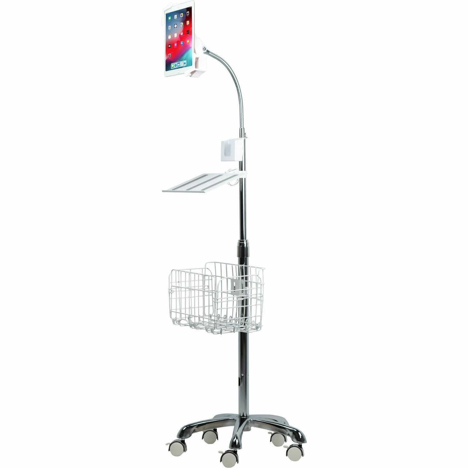 CTA Digital Heavy-Duty Gooseneck Floor Stand with VESA Plate and Storage Basket for 7-14 Inch Tablets