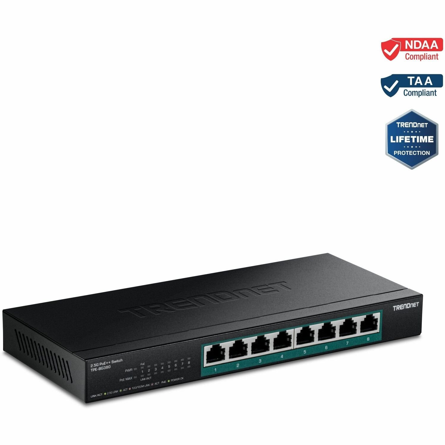 TRENDnet 8-Port 2.5G PoE++ Switch, TPE-BG380, 8 x 2.5GB PoE++ Ports, 230W Poe Power Budget, 40Gbps Switching Capacity, NDAA + TAA Compliant, Lifetime TRENDnet Protection