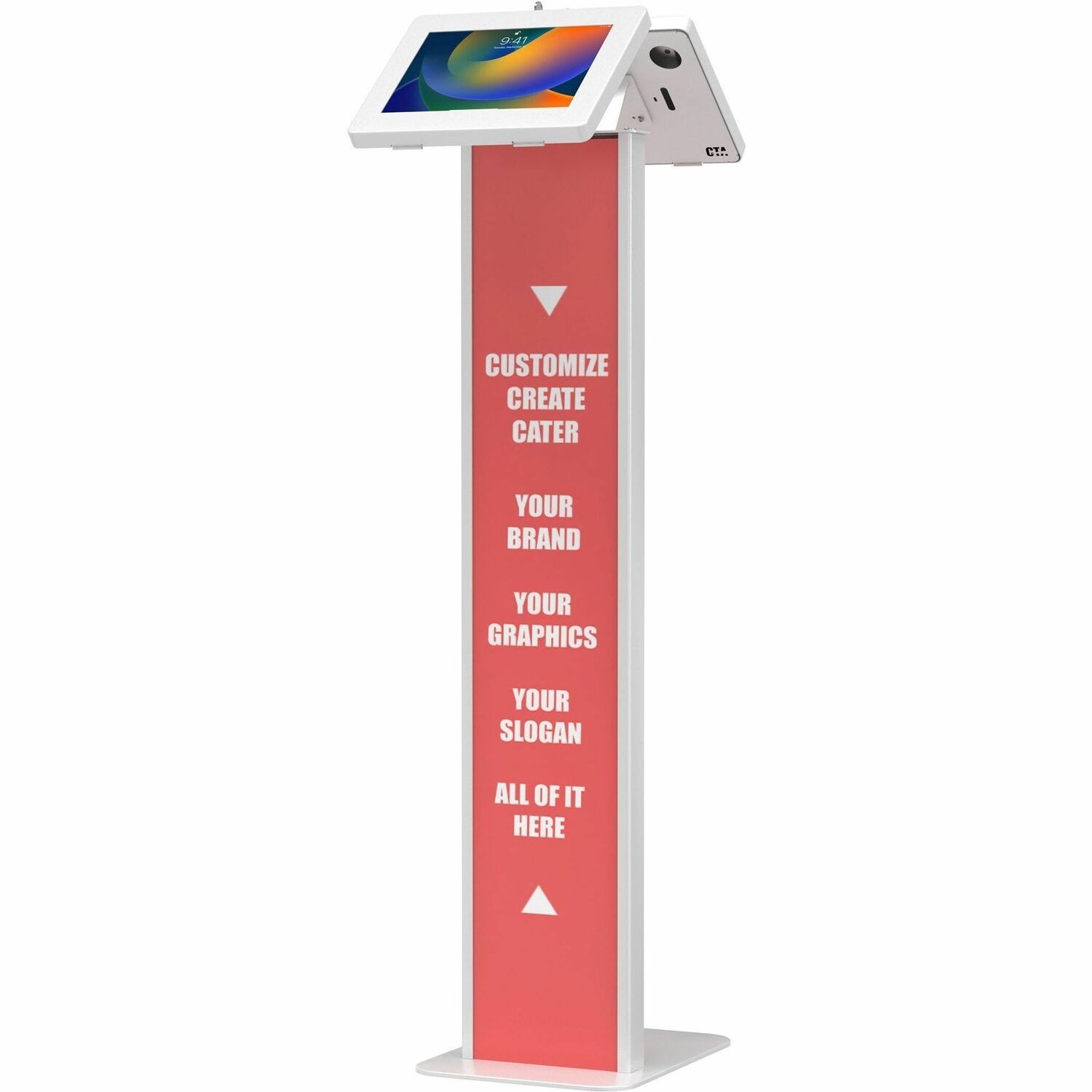 CTA Digital Customizable Dual Enclosure Locking Floor Stand Kiosk with Graphic Card Slot for Branding for 10.2 in iPad 7th, 8th Gen & More (White)