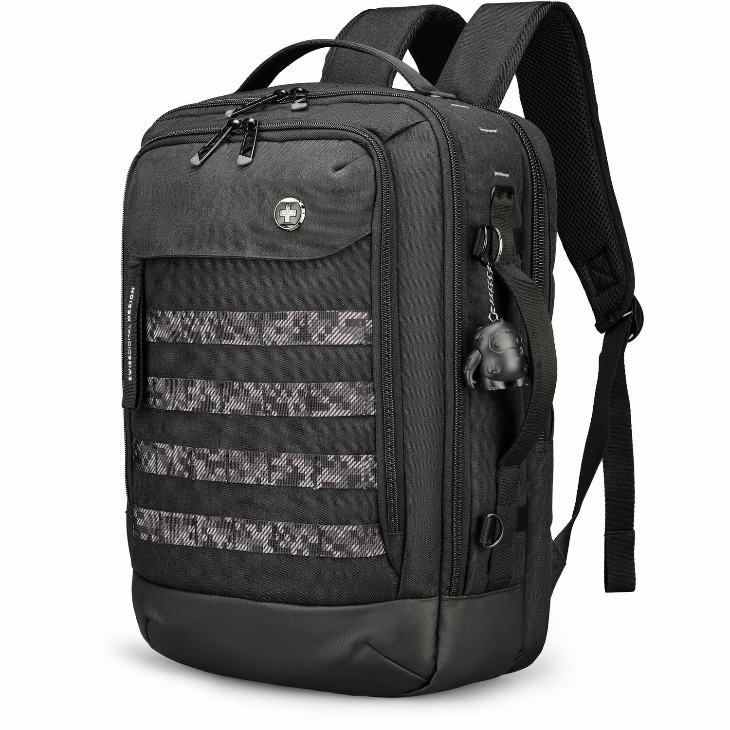 Swissdigital BERG Black L Backpack - Durable, TSA-Friendly Bag with Patented USB Charging Port, RFID Protection Pocket, Trolley Sleeve for Easy Travel, Padded Laptop Compartment that Fits up to 16" Laptop, Tablet Compartment that Fits up to 9.75", Dedicated Pockets for Powerbank, Mouse, Water Bottle, Key Clip, Multifunctional Storage, and a Breathable Mesh Back Panel