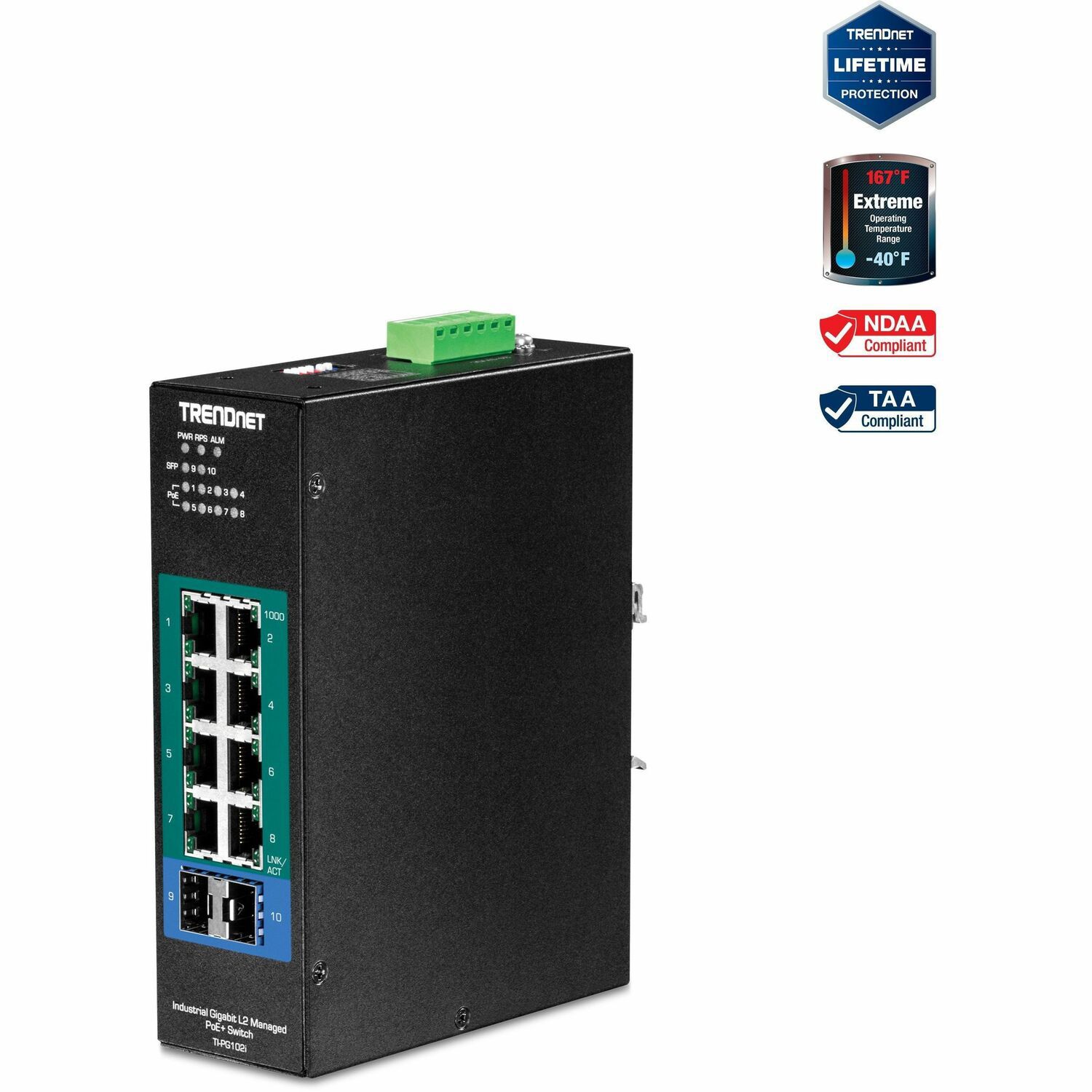 TRENDnet 10-Port Industrial Gigabit L2 Managed PoE+ DIN-Rail Switch, 8 x Gigabit PoE+ Ports, DIN-Rail Mount, 2 x SFP Slots, 2457V DC Power Input, IP30, VLAN, Lifetime Protection, Black, TI-PG102i
