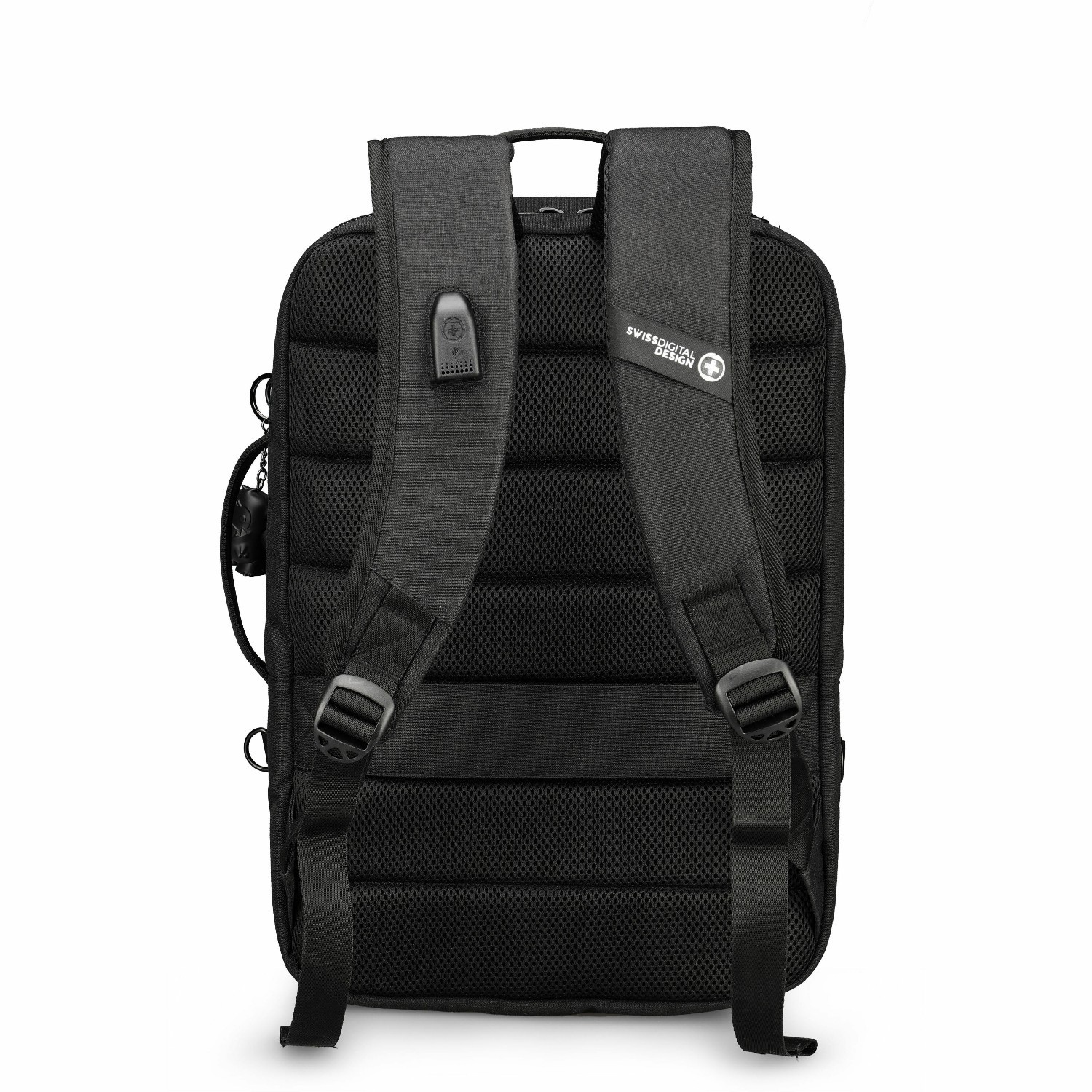 Swissdigital BERG Black L Backpack - Durable, TSA-Friendly Bag with Patented USB Charging Port, RFID Protection Pocket, Trolley Sleeve for Easy Travel, Padded Laptop Compartment that Fits up to 16" Laptop, Tablet Compartment that Fits up to 9.75", Dedicated Pockets for Powerbank, Mouse, Water Bottle, Key Clip, Multifunctional Storage, and a Breathable Mesh Back Panel