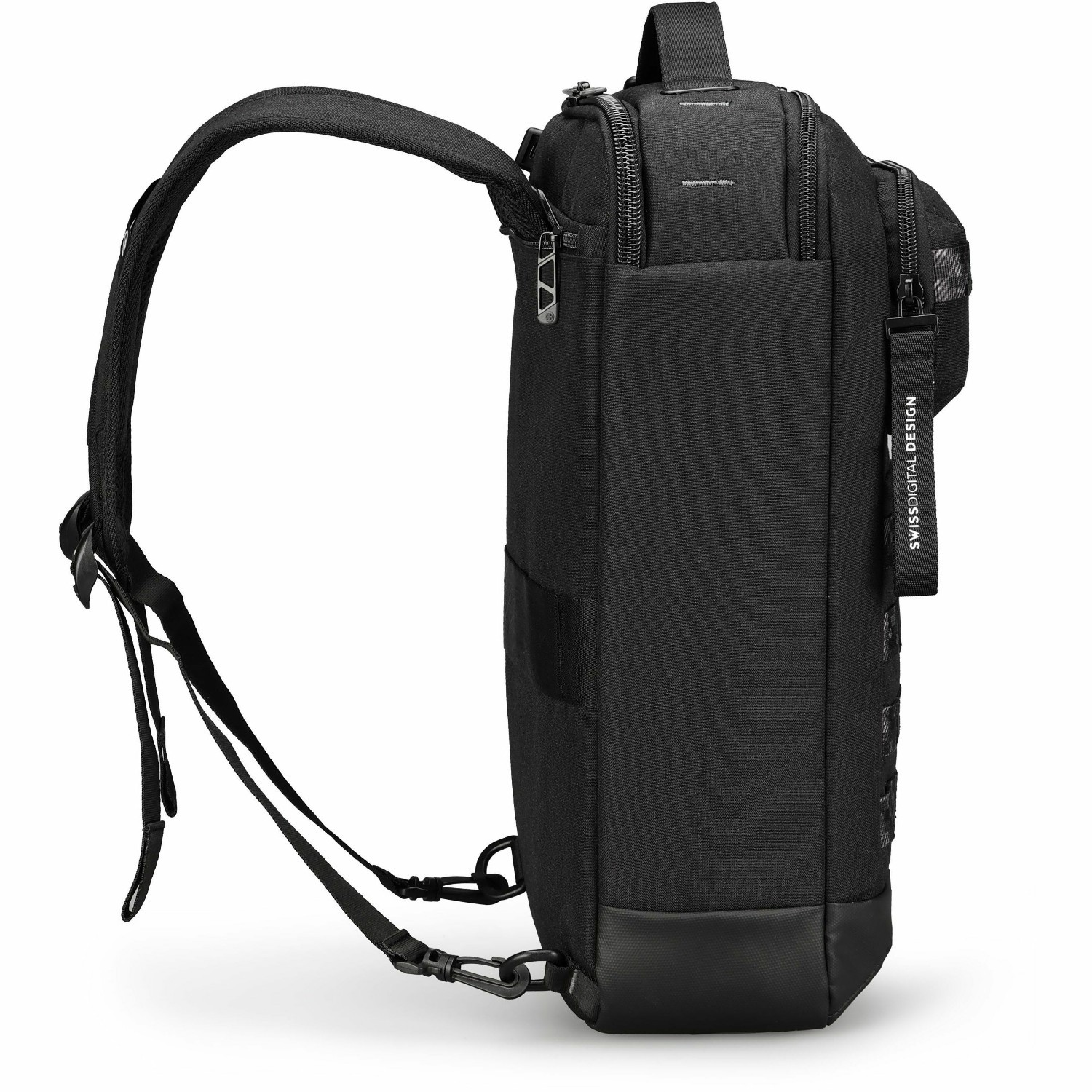 Swissdigital BERG Black Hybrid Briefcase USB Charging Port with Integrated Cable, RFID Protection Pocket, Trolley Sleeve for Hands-Free Travel, Padded Laptop Compartment Fits up to 16", Padded Tablet Pocket Fits up to 9.75", Dedicated Powerbank Pocket, Mouse Pouch, Key Clip, Multifunctional Organizer Pockets | 3-Way Carry (Hand, Single Shoulder, or Backpack Style)