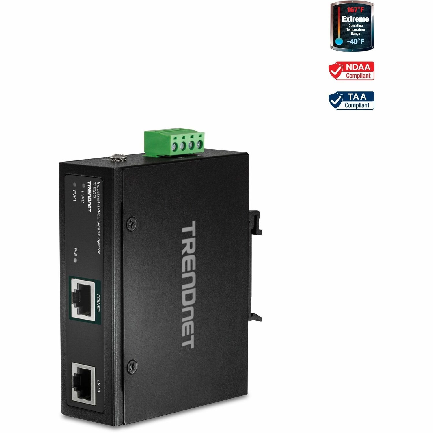 TRENDnet Industrial 95W Gigabit PoE++ Injector, TI-IG90, 1 x Gigabit Port, 1 x Gigabit PoE++ Port, Provides PoE (15.4W), PoE+ (30W), PoE++ (95W), NDAA & TAA Compliant