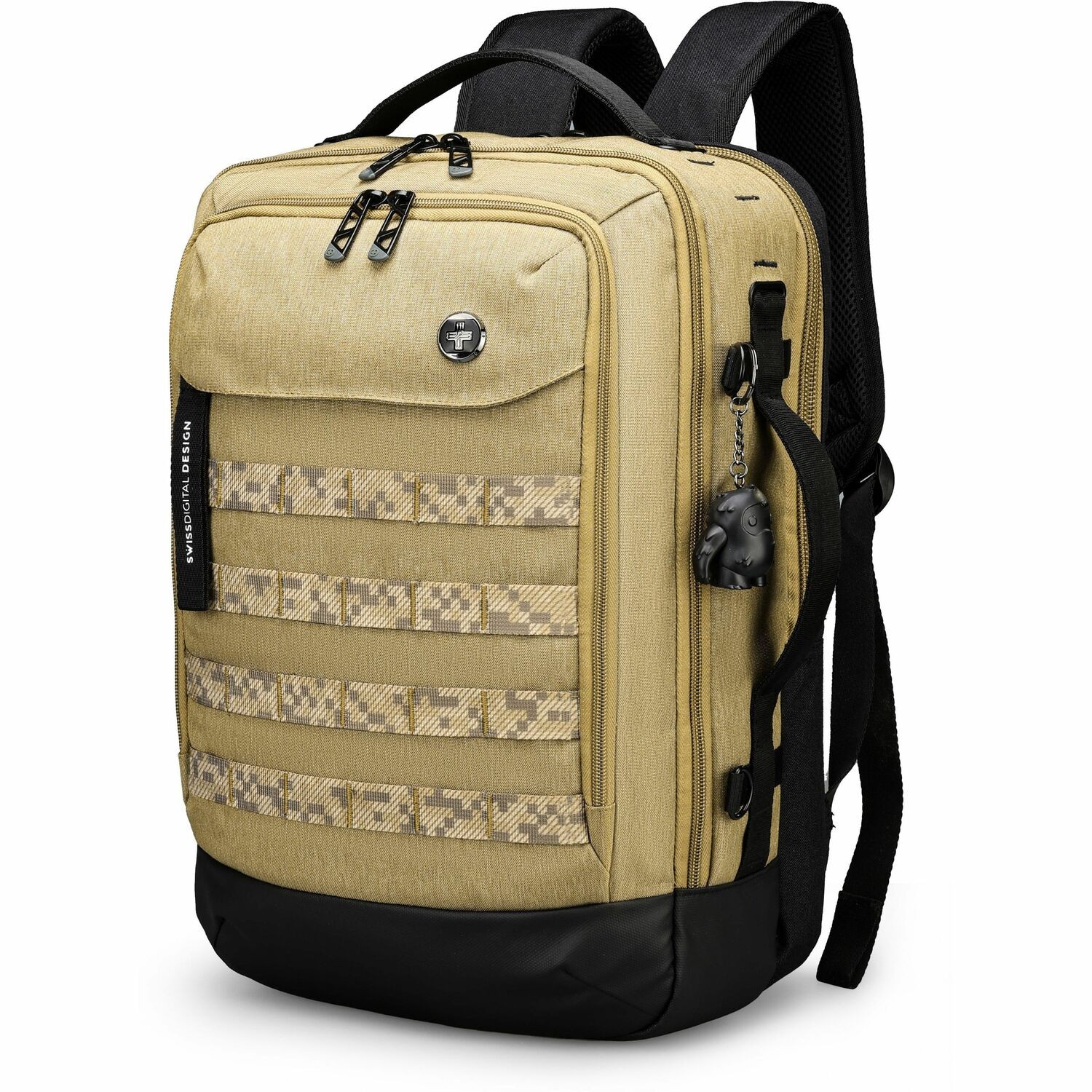 Swissdigital BERG Dark Khaki L Backpack - Durable, TSA-Friendly Bag with Patented USB Charging Port, RFID Protection Pocket, Trolley Sleeve for Easy Travel, Padded Laptop Compartment that Fits up to 16" Laptop, Tablet Compartment that Fits up to 9.75", Dedicated Pockets for Powerbank, Mouse, Water Bottle, Key Clip, Multifunctional Storage, and a Breathable Mesh Back Panel