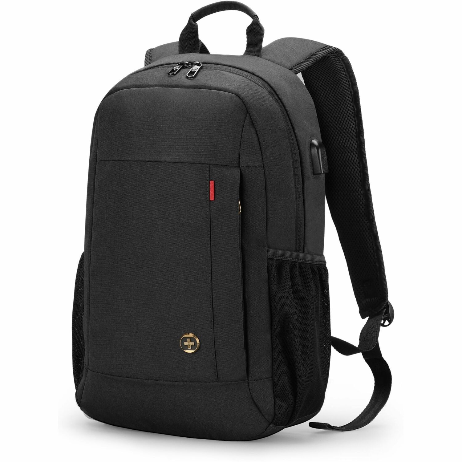 Swissdigital ARBON Black Backpack - Sleek, Durable Bag with USB Charging Port, RFID Protection Pocket, Padded Laptop/Tablet Compartment (Fits up to 16"), Trolley Sleeve, Powerbank Pocket, and Water Bottle Holder