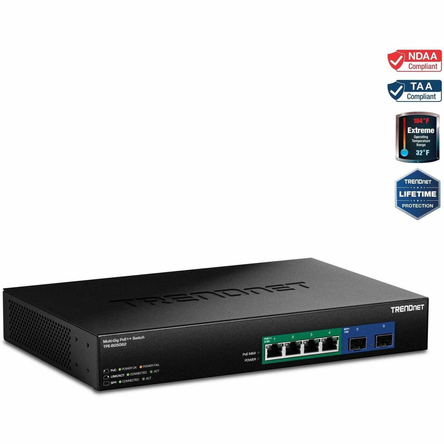 TRENDnet 6-Port 2.5G GaN Power PoE++ Switch with 10G SFP+ Ports (240W), TPE-BG5062, 4 x 2.5G PoE++ Ports, 2 x 10G SFP+ Ports, 240W, 60Gbps, NDAA TAA Compliant for Government use, Lifetime Protection