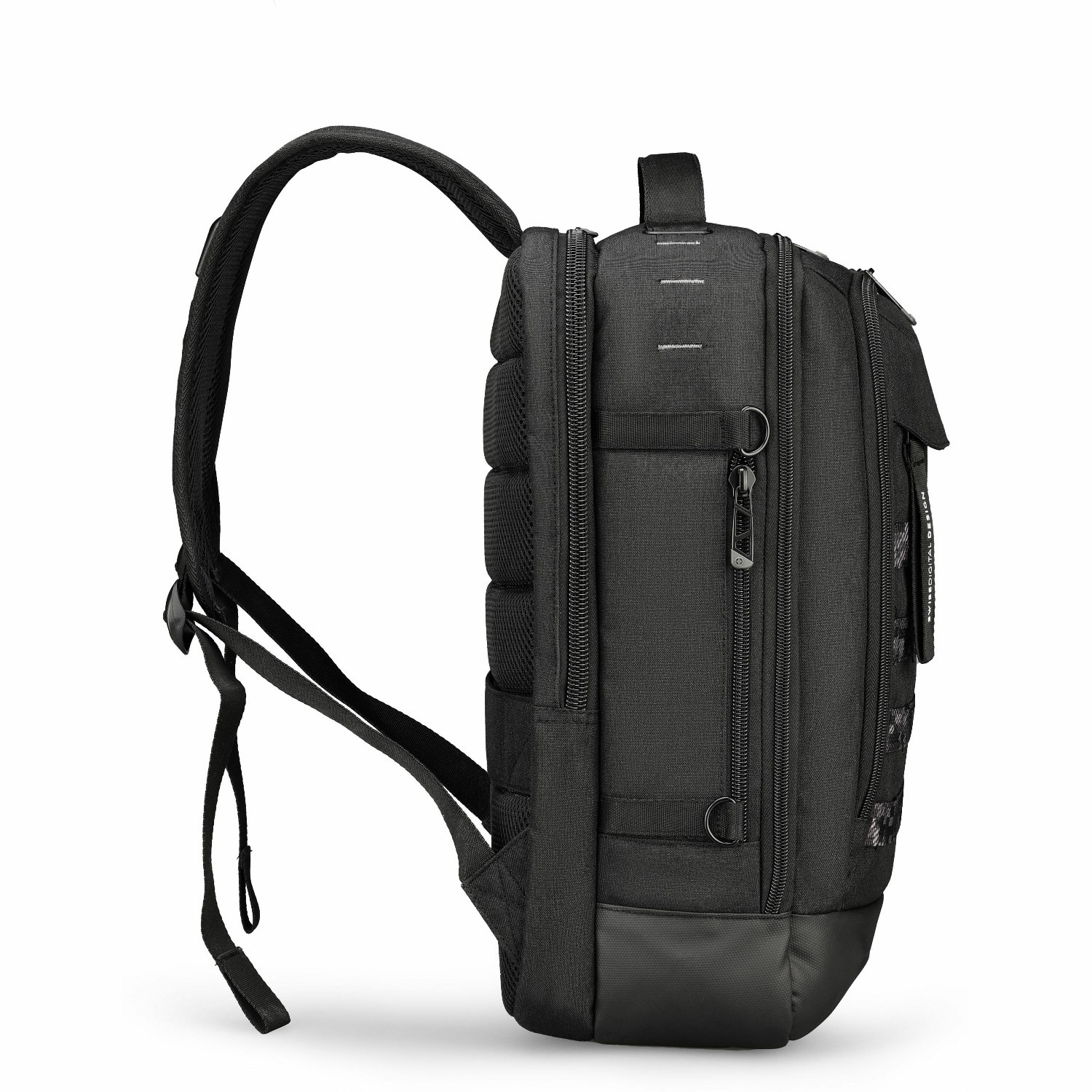 Swissdigital BERG Black L Backpack - Durable, TSA-Friendly Bag with Patented USB Charging Port, RFID Protection Pocket, Trolley Sleeve for Easy Travel, Padded Laptop Compartment that Fits up to 16" Laptop, Tablet Compartment that Fits up to 9.75", Dedicated Pockets for Powerbank, Mouse, Water Bottle, Key Clip, Multifunctional Storage, and a Breathable Mesh Back Panel