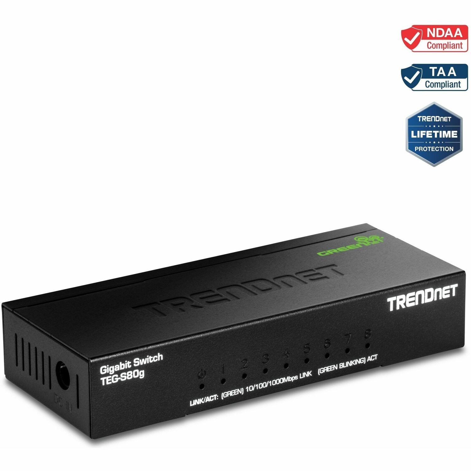TRENDnet 8-Port Mini Gigabit Switch, TEG-S80g, GREENnet Technology, NDAA + TAA Compliant, Desktop Metal Ethernet Network Switch, 8 x Gigabit Ports, Fanless, Lifetime Protection, Black