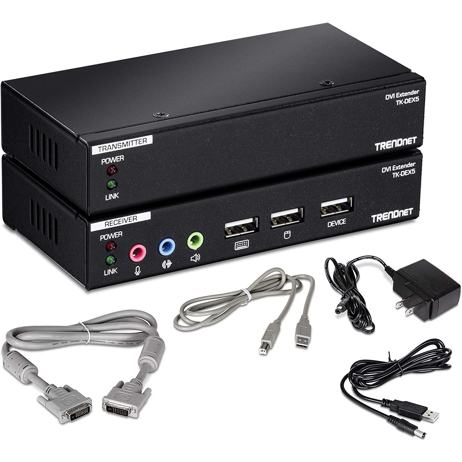 TRENDnet DVI KVM Extension Kit with Audio Support, Distances up to 50m (164 ft.), KVM Extender, USB 2.0, Transmitter, Receiver, Cat5e/Cat6, USB Device Port, TK-DEX5