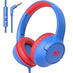 Kids Headphones for School, 85/94 dB Volume Limit, Wired Over Ear Headphones for Kids Boys Girls with Microphone, Foldable Stereo Sound 3.5mm Wired Cord for Kindle Tablet Airplane Travel, Blue