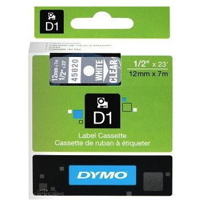 Dymo D1 (SD45020/S0720600) Label Cassette, 12MM X 7M - White On Clear